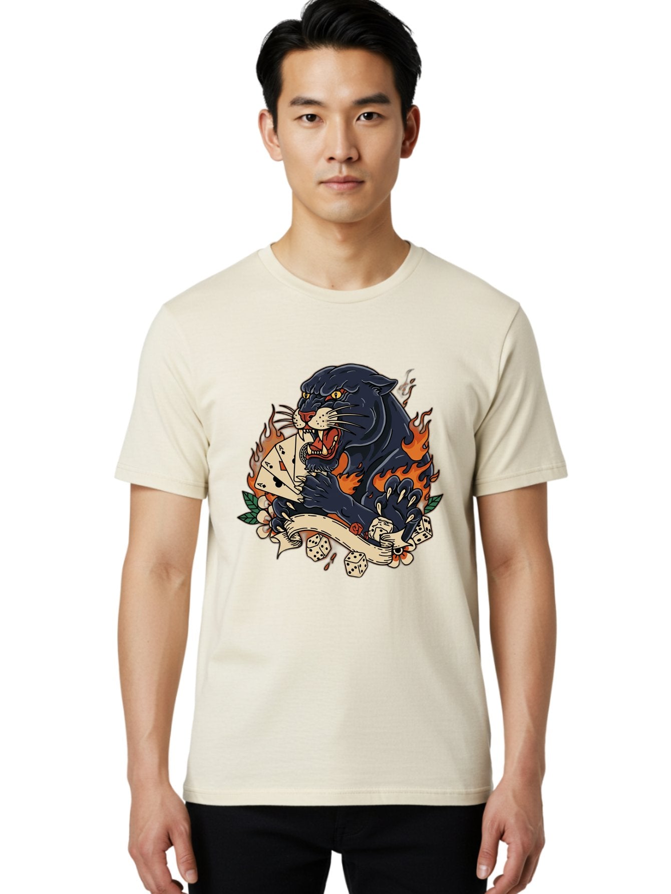 Black-Panther-Card-Tattoo Men'S Graphic Tee, 100% Cotton, Comfortable Casual Summer Wear, Machine Washable, Black Panther, Playing Cards, Dice, Banner, Flames, Aggressive Posture, Tattoo Design, Casino Theme, Gambling, Fierce Animal, Bac633 21