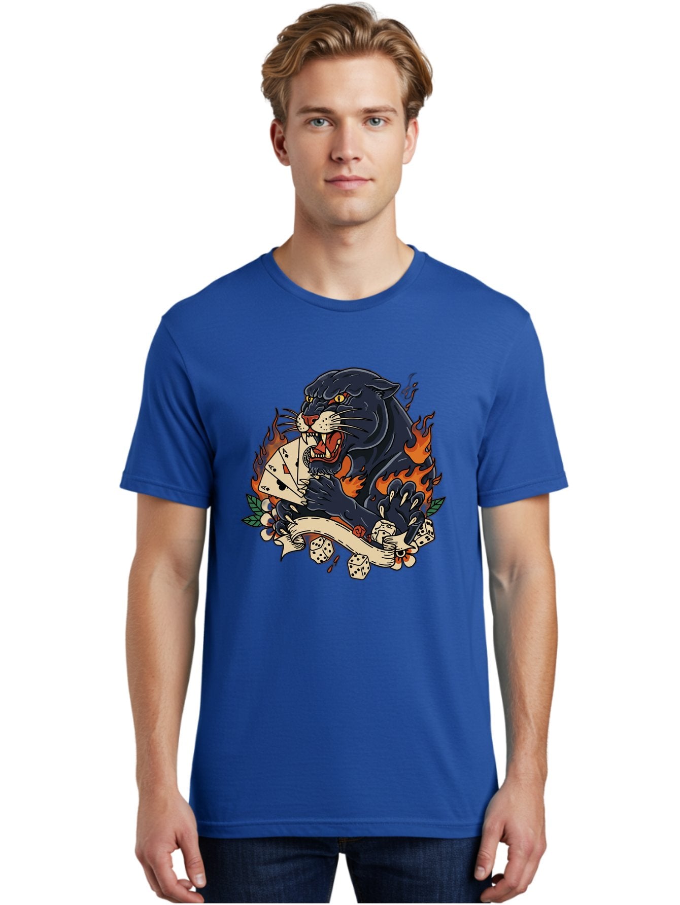 Black-Panther-Card-Tattoo Men'S Graphic Tee, 100% Cotton, Comfortable Casual Summer Wear, Machine Washable, Black Panther, Playing Cards, Dice, Banner, Flames, Aggressive Posture, Tattoo Design, Casino Theme, Gambling, Fierce Animal, Bac633 30