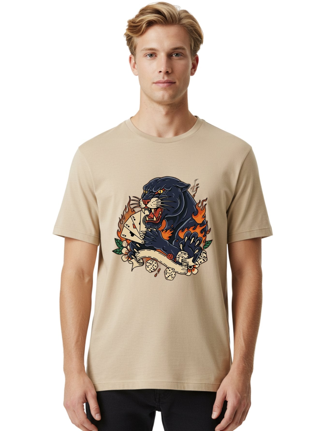 Black-Panther-Card-Tattoo Men'S Graphic Tee, 100% Cotton, Comfortable Casual Summer Wear, Machine Washable, Black Panther, Playing Cards, Dice, Banner, Flames, Aggressive Posture, Tattoo Design, Casino Theme, Gambling, Fierce Animal, Bac633 27