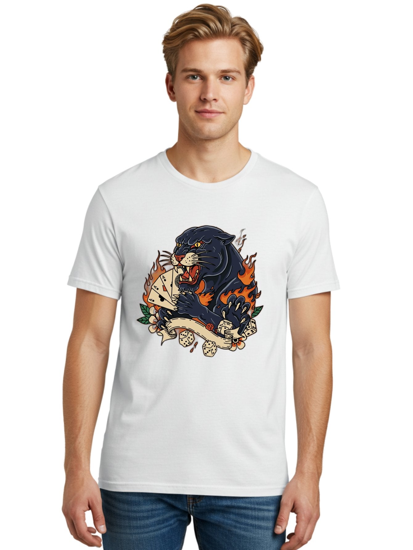 Black-Panther-Card-Tattoo Men'S Graphic Tee, 100% Cotton, Comfortable Casual Summer Wear, Machine Washable, Black Panther, Playing Cards, Dice, Banner, Flames, Aggressive Posture, Tattoo Design, Casino Theme, Gambling, Fierce Animal, Bac633 26