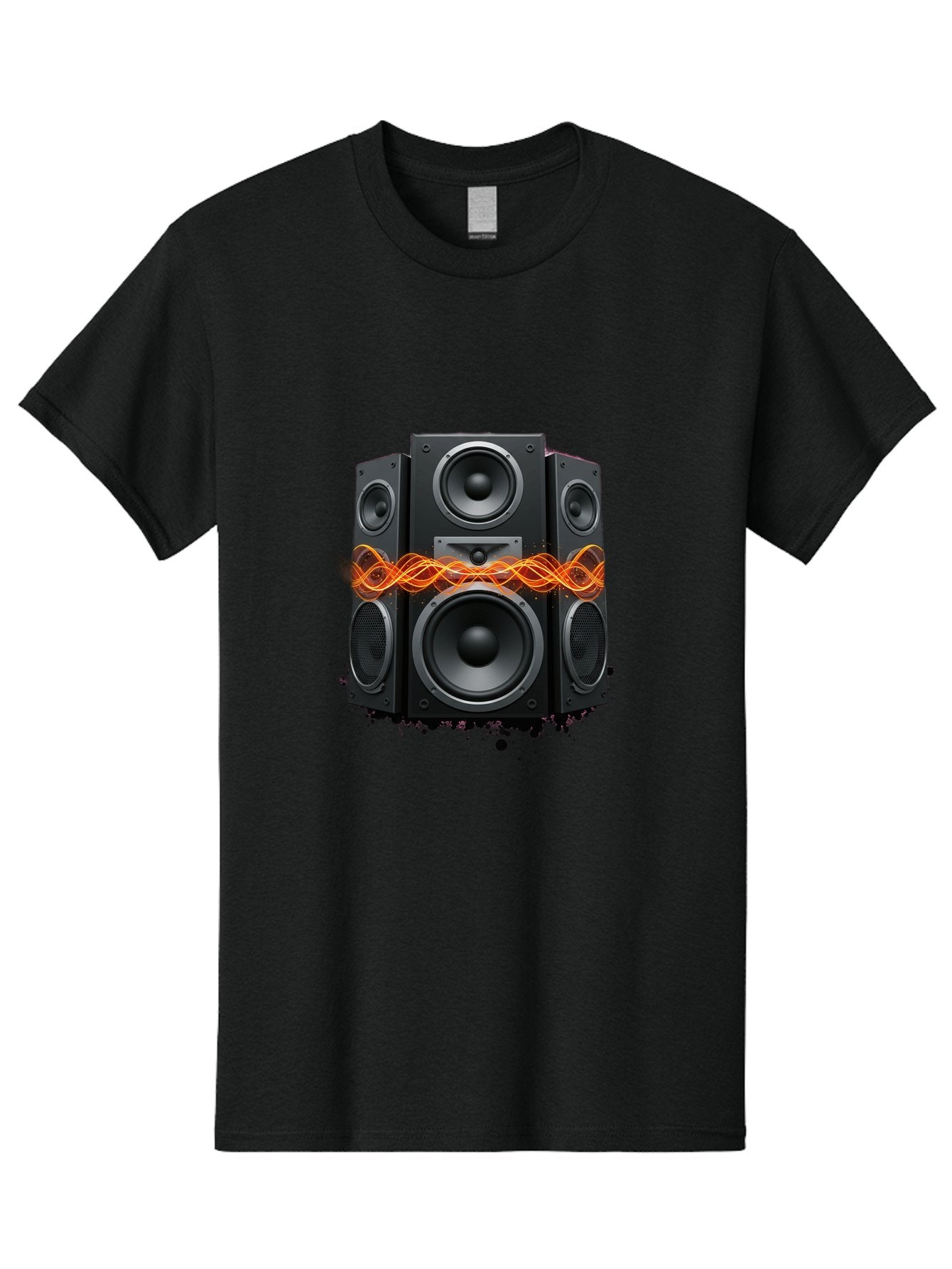 Black-Speakers Men'S Graphic Tee, 100% Cotton, Comfortable Casual Summer Wear, Machine Washable, Sound Wave, Speaker System, Audio Equipment, Music Technology, Sound Vibration, Orange Wave, Black Speakers, Music Sound Bac634 3