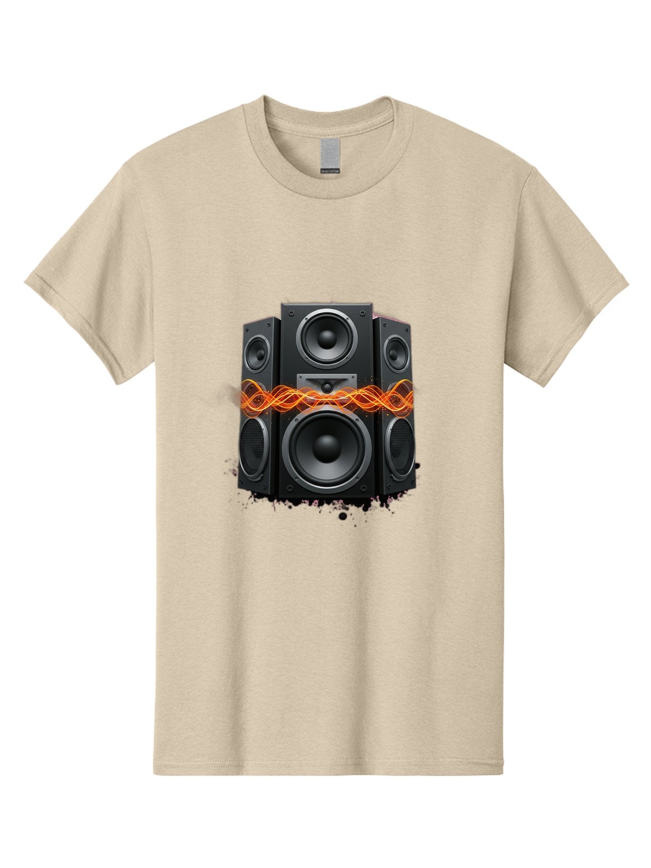 Black-Speakers Men'S Graphic Tee, 100% Cotton, Comfortable Casual Summer Wear, Machine Washable, Sound Wave, Speaker System, Audio Equipment, Music Technology, Sound Vibration, Orange Wave, Black Speakers, Music Sound Bac634 12