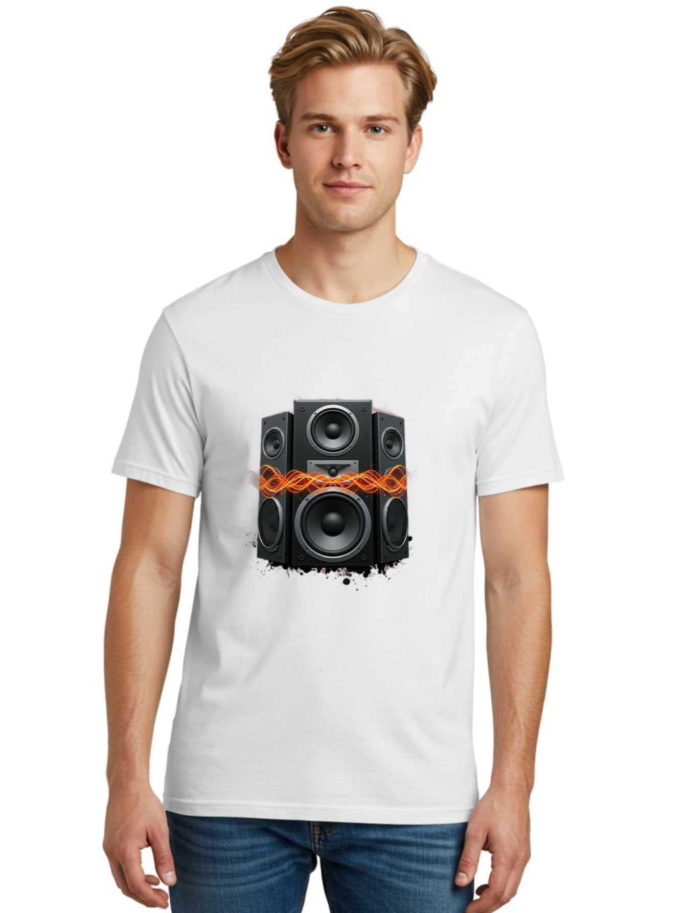 Black-Speakers Men'S Graphic Tee, 100% Cotton, Comfortable Casual Summer Wear, Machine Washable, Sound Wave, Speaker System, Audio Equipment, Music Technology, Sound Vibration, Orange Wave, Black Speakers, Music Sound Bac634 20