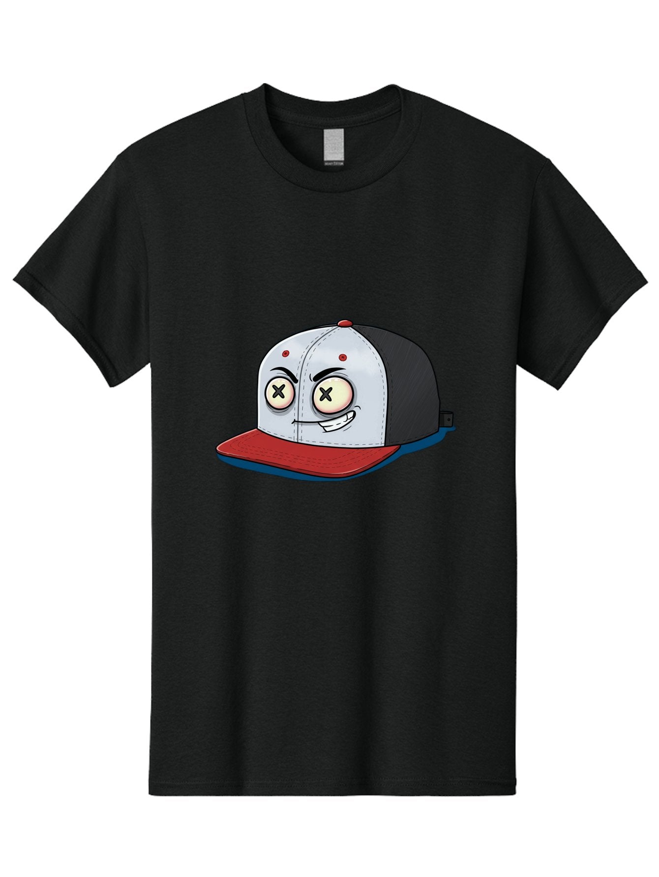 Black-White-Red-Cap Men'S Graphic Tee, 100% Cotton, Comfortable Casual Summer Wear, Machine Washable, Cartoon Hat, Dead Eyes, Black And White Cap, Red Brim, Smiling Face, Quirky Character, Funny Design, Kawaii Style, Anime Influence, Bac635 5