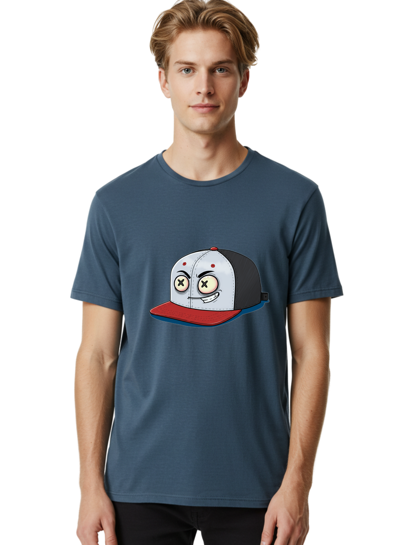 Black-White-Red-Cap Men'S Graphic Tee, 100% Cotton, Comfortable Casual Summer Wear, Machine Washable, Cartoon Hat, Dead Eyes, Black And White Cap, Red Brim, Smiling Face, Quirky Character, Funny Design, Kawaii Style, Anime Influence, Bac635 29