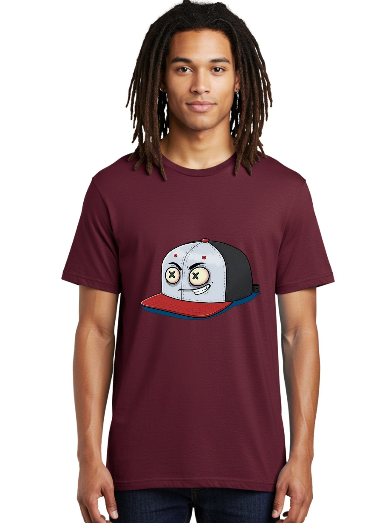 Black-White-Red-Cap Men'S Graphic Tee, 100% Cotton, Comfortable Casual Summer Wear, Machine Washable, Cartoon Hat, Dead Eyes, Black And White Cap, Red Brim, Smiling Face, Quirky Character, Funny Design, Kawaii Style, Anime Influence, Bac635 25