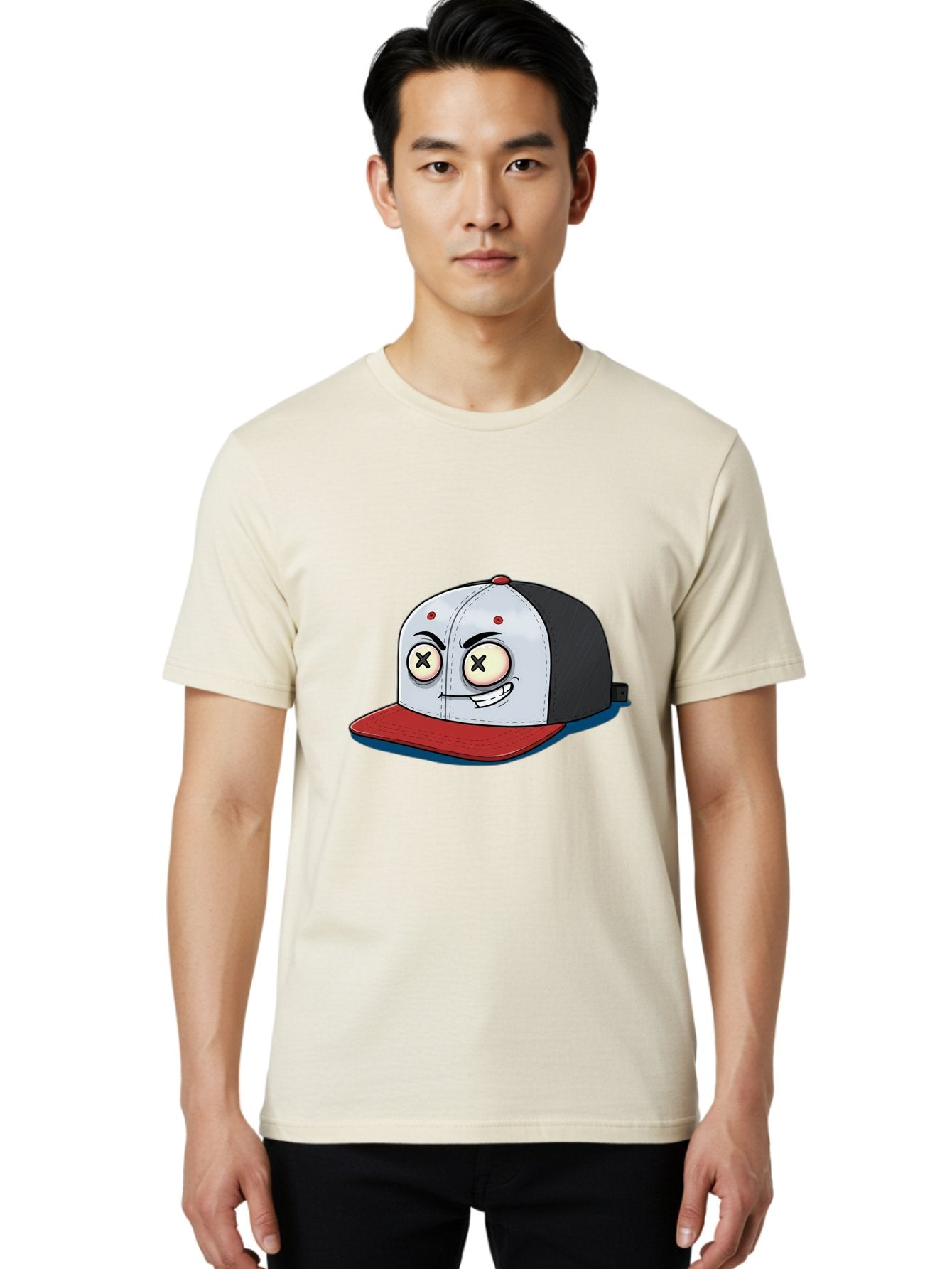 Black-White-Red-Cap Men'S Graphic Tee, 100% Cotton, Comfortable Casual Summer Wear, Machine Washable, Cartoon Hat, Dead Eyes, Black And White Cap, Red Brim, Smiling Face, Quirky Character, Funny Design, Kawaii Style, Anime Influence, Bac635 26