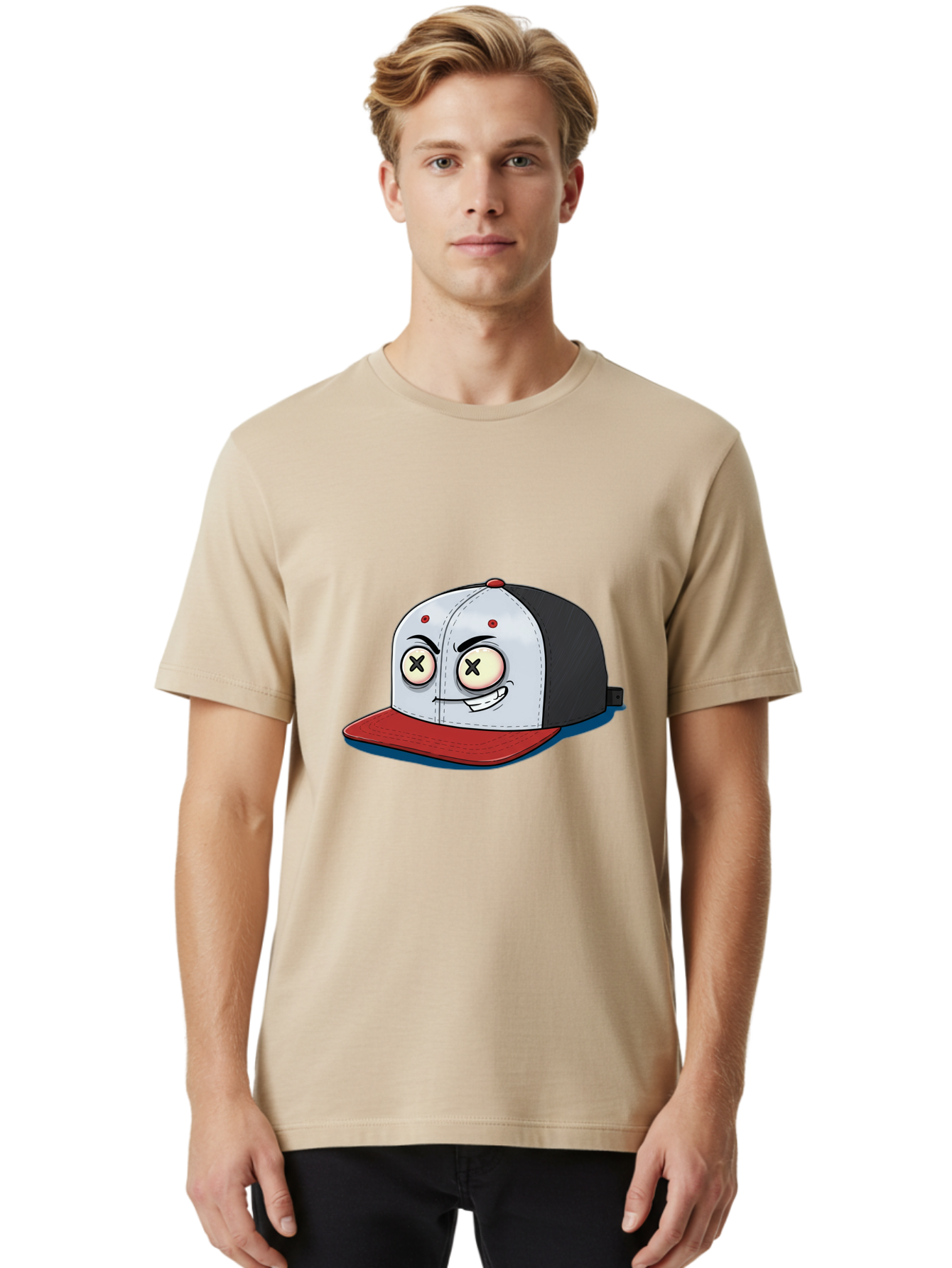 Black-White-Red-Cap Men'S Graphic Tee, 100% Cotton, Comfortable Casual Summer Wear, Machine Washable, Cartoon Hat, Dead Eyes, Black And White Cap, Red Brim, Smiling Face, Quirky Character, Funny Design, Kawaii Style, Anime Influence, Bac635 17