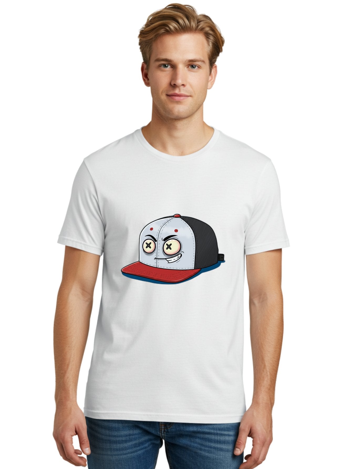 Black-White-Red-Cap Men'S Graphic Tee, 100% Cotton, Comfortable Casual Summer Wear, Machine Washable, Cartoon Hat, Dead Eyes, Black And White Cap, Red Brim, Smiling Face, Quirky Character, Funny Design, Kawaii Style, Anime Influence, Bac635 30