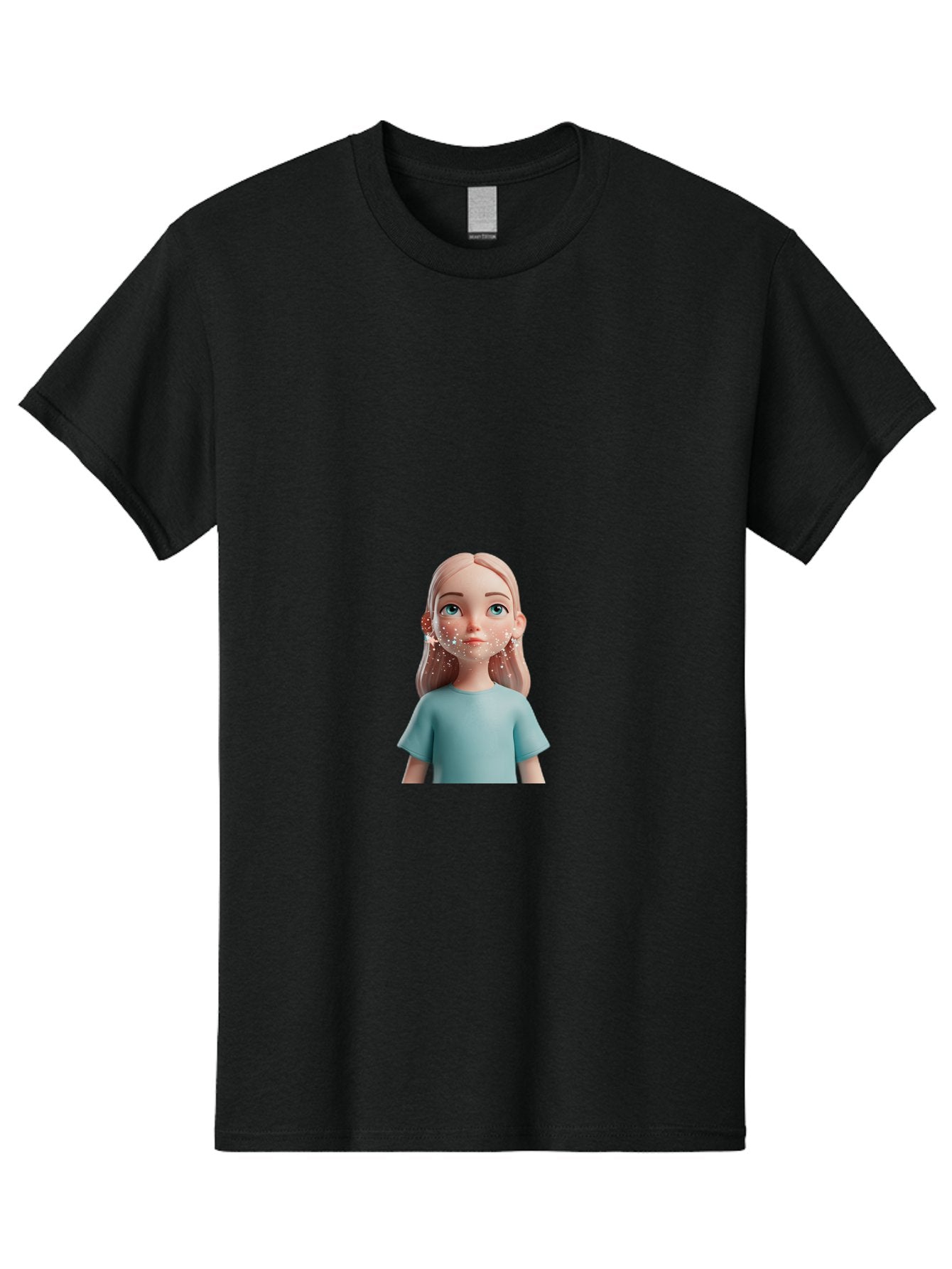 Blonde-Girl Men'S Graphic Tee, 100% Cotton, Comfortable Casual Summer Wear, Machine Washable, Cartoon Girl, 3D Character, Blue Eyes, Pink Hair, Light Blue Shirt, Freckles, Cute Expression, Pink Cheeks, Digital Art, Virtual Avatar Bac636 3