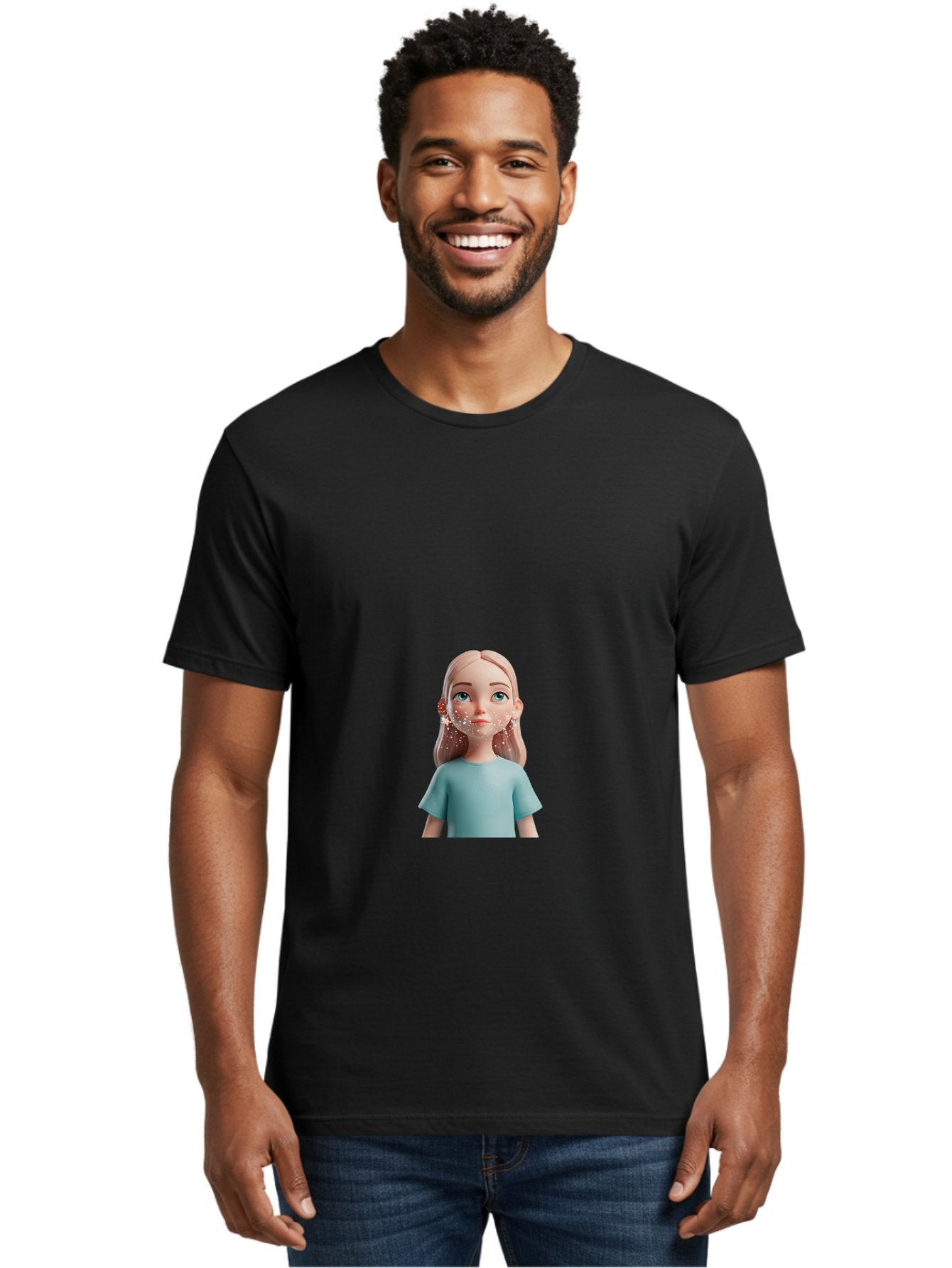 Blonde-Girl Men'S Graphic Tee, 100% Cotton, Comfortable Casual Summer Wear, Machine Washable, Cartoon Girl, 3D Character, Blue Eyes, Pink Hair, Light Blue Shirt, Freckles, Cute Expression, Pink Cheeks, Digital Art, Virtual Avatar Bac636 22