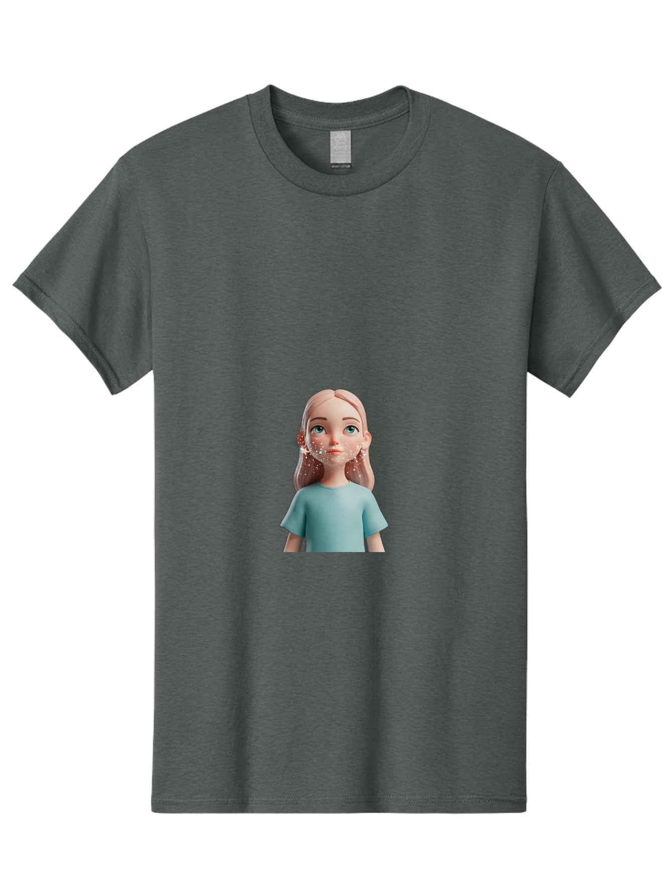 Blonde-Girl Men'S Graphic Tee, 100% Cotton, Comfortable Casual Summer Wear, Machine Washable, Cartoon Girl, 3D Character, Blue Eyes, Pink Hair, Light Blue Shirt, Freckles, Cute Expression, Pink Cheeks, Digital Art, Virtual Avatar Bac636 8