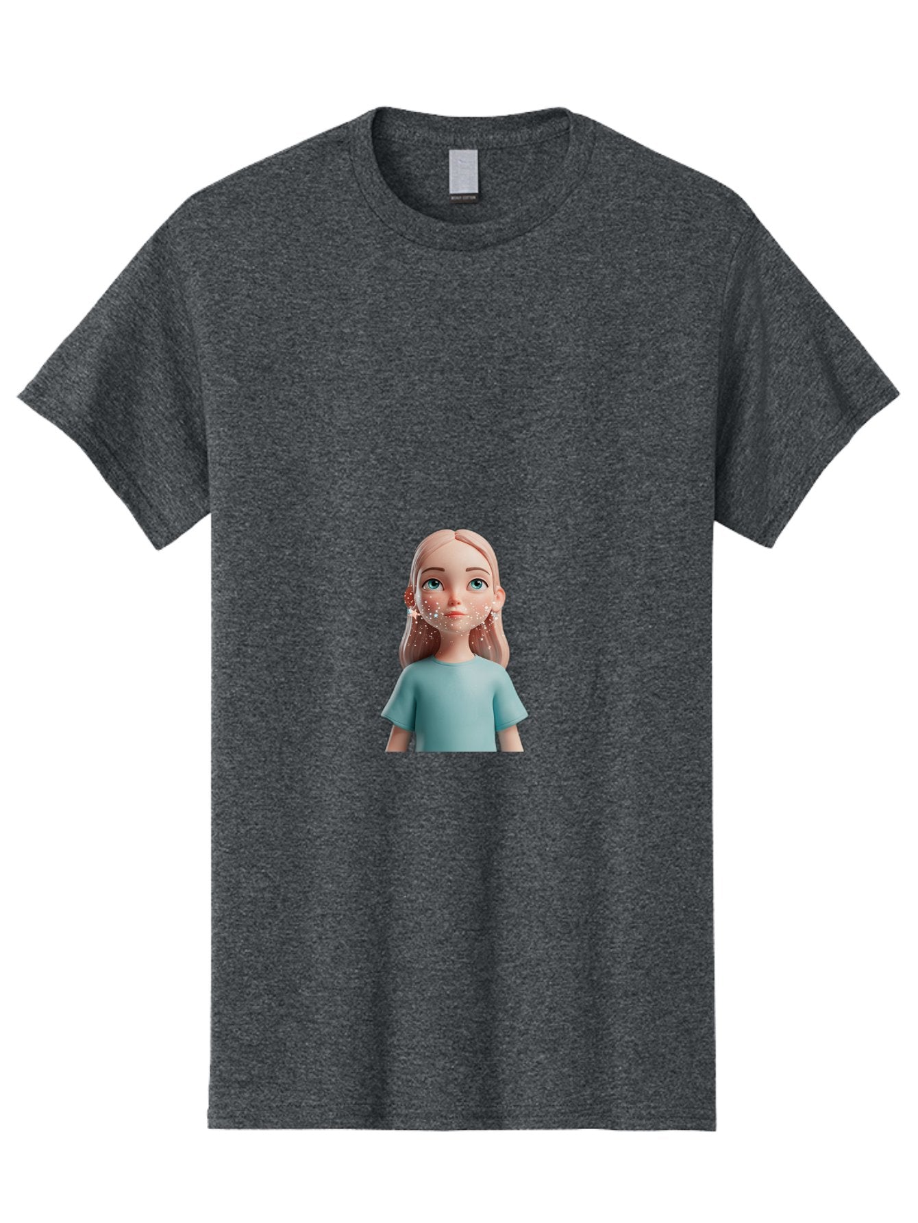 Blonde-Girl Men'S Graphic Tee, 100% Cotton, Comfortable Casual Summer Wear, Machine Washable, Cartoon Girl, 3D Character, Blue Eyes, Pink Hair, Light Blue Shirt, Freckles, Cute Expression, Pink Cheeks, Digital Art, Virtual Avatar Bac636 7