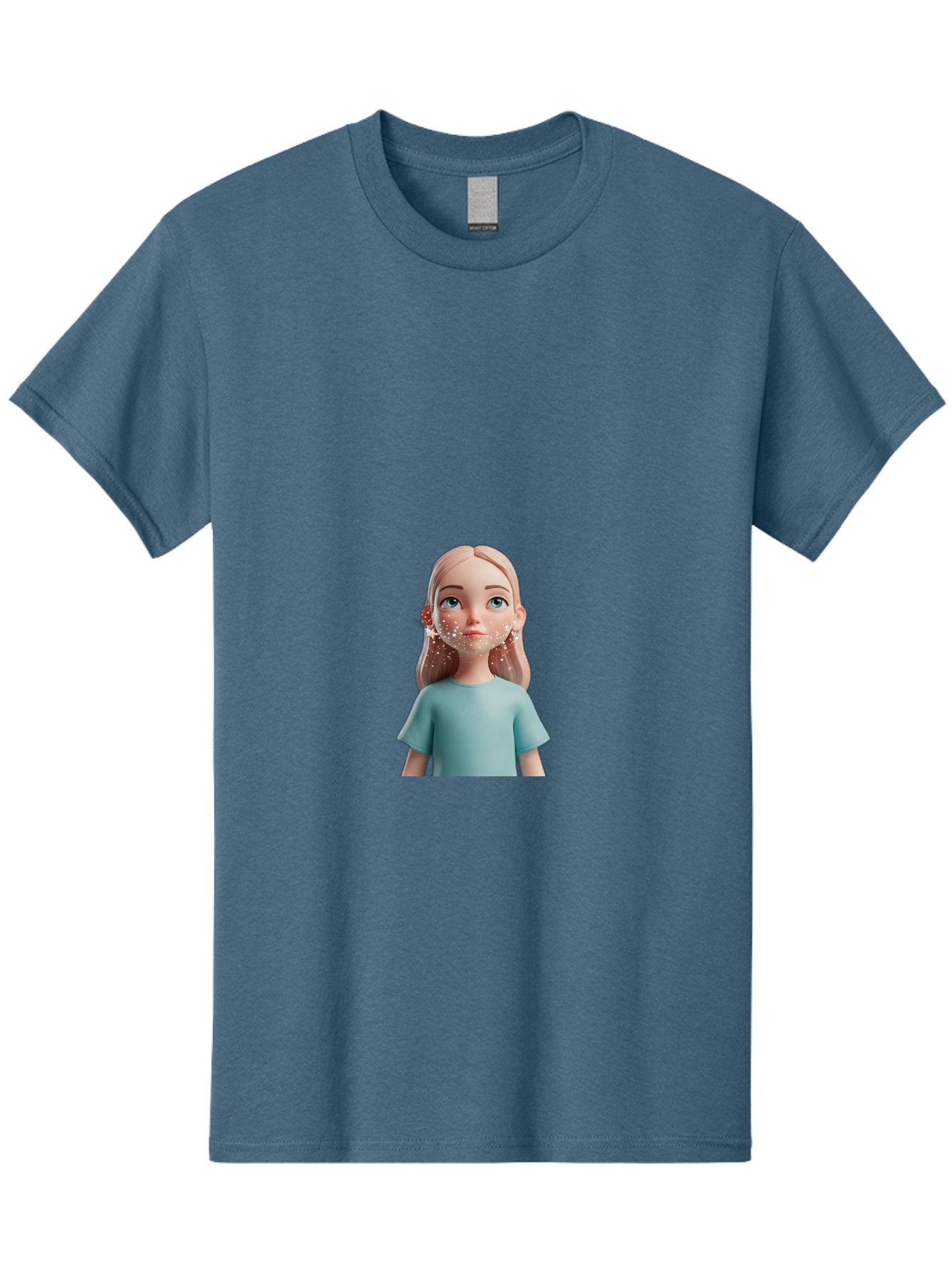 Blonde-Girl Men'S Graphic Tee, 100% Cotton, Comfortable Casual Summer Wear, Machine Washable, Cartoon Girl, 3D Character, Blue Eyes, Pink Hair, Light Blue Shirt, Freckles, Cute Expression, Pink Cheeks, Digital Art, Virtual Avatar Bac636 6