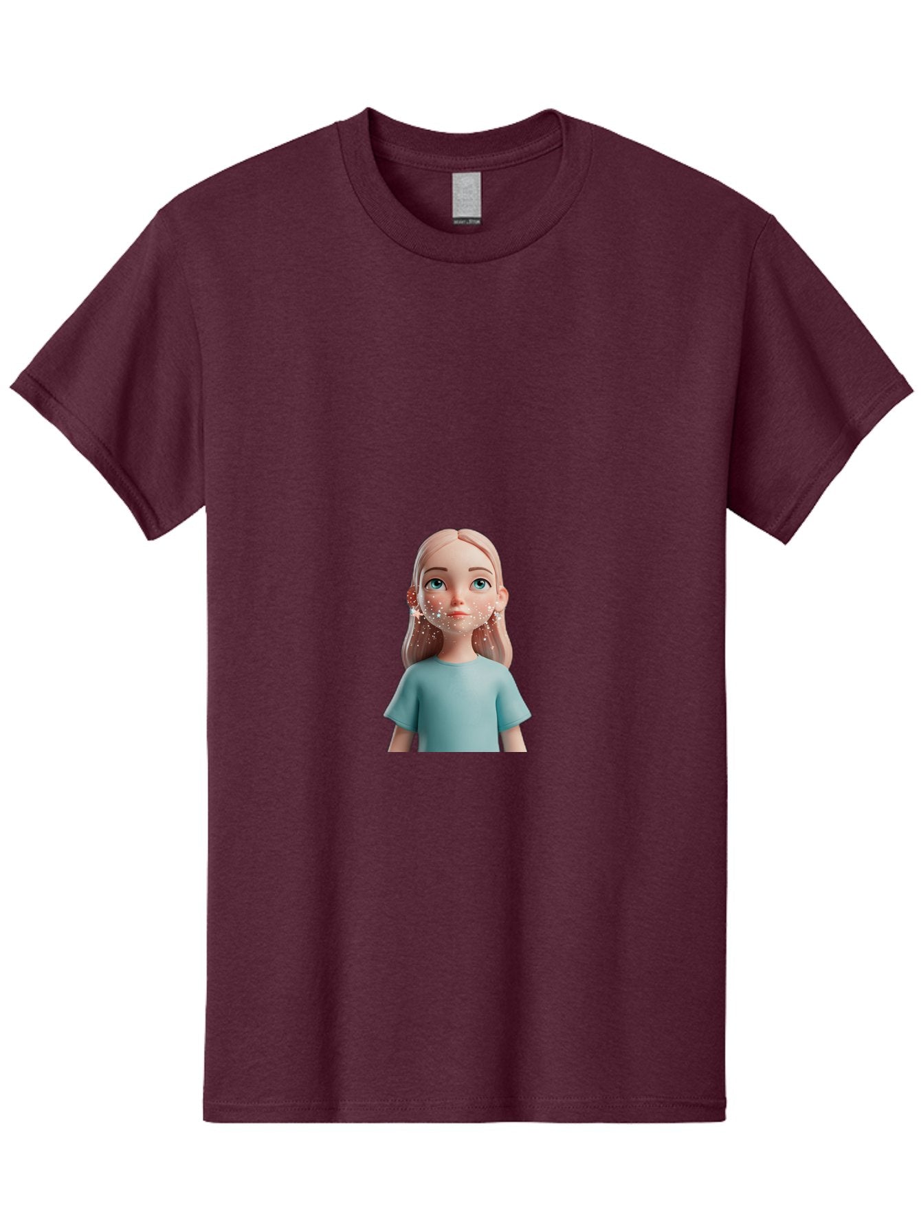 Blonde-Girl Men'S Graphic Tee, 100% Cotton, Comfortable Casual Summer Wear, Machine Washable, Cartoon Girl, 3D Character, Blue Eyes, Pink Hair, Light Blue Shirt, Freckles, Cute Expression, Pink Cheeks, Digital Art, Virtual Avatar Bac636 5