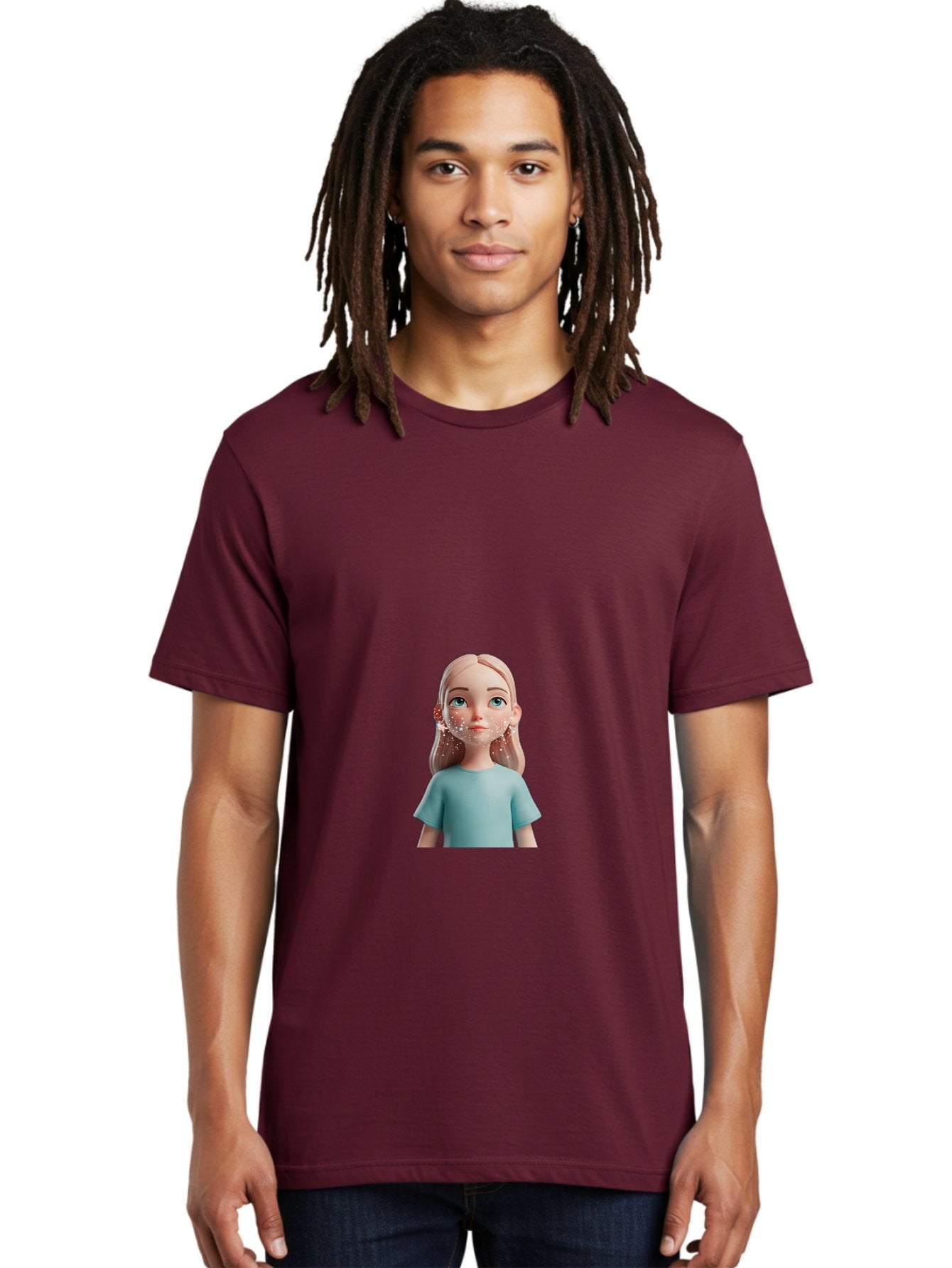 Blonde-Girl Men'S Graphic Tee, 100% Cotton, Comfortable Casual Summer Wear, Machine Washable, Cartoon Girl, 3D Character, Blue Eyes, Pink Hair, Light Blue Shirt, Freckles, Cute Expression, Pink Cheeks, Digital Art, Virtual Avatar Bac636 23