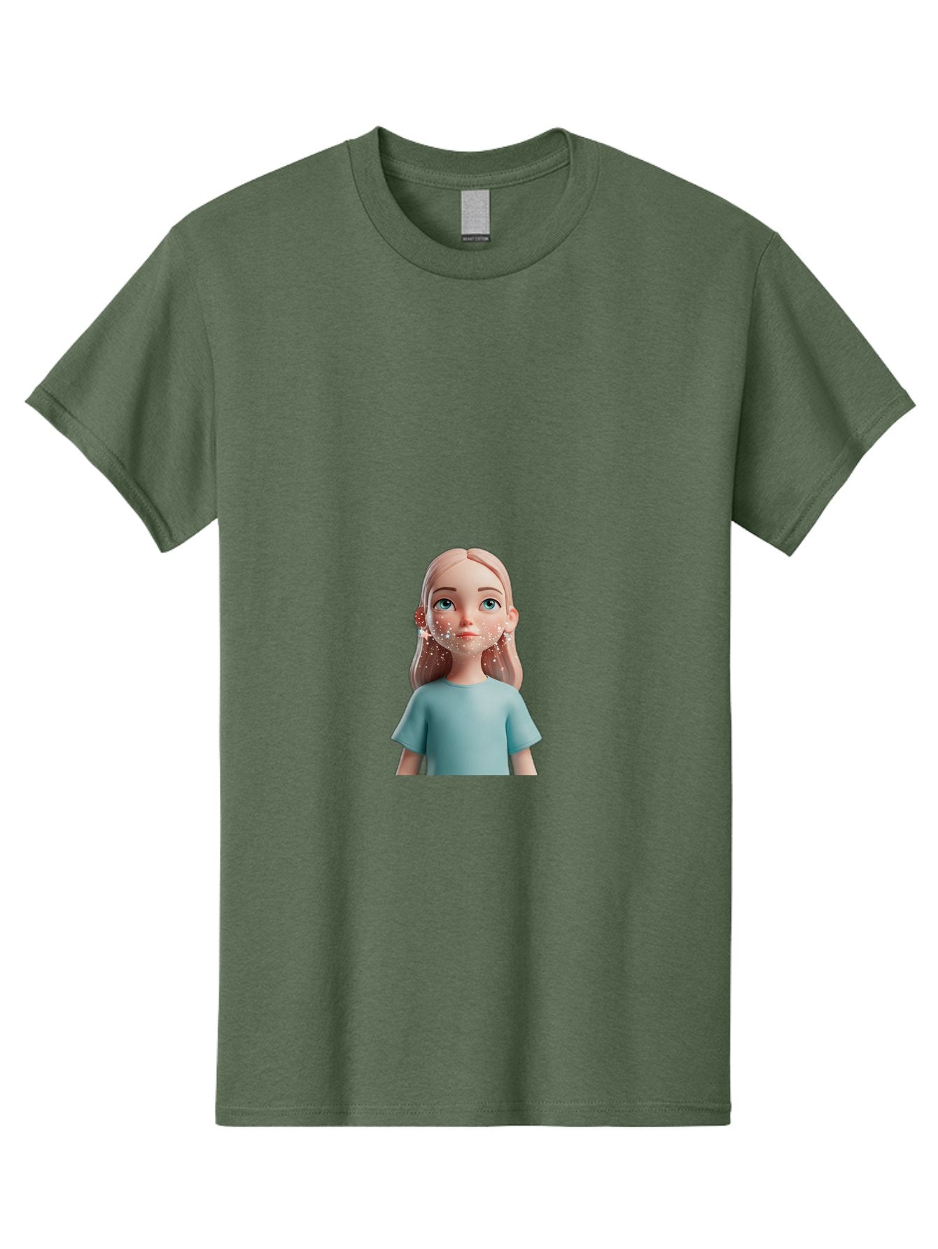 Blonde-Girl Men'S Graphic Tee, 100% Cotton, Comfortable Casual Summer Wear, Machine Washable, Cartoon Girl, 3D Character, Blue Eyes, Pink Hair, Light Blue Shirt, Freckles, Cute Expression, Pink Cheeks, Digital Art, Virtual Avatar Bac636 15