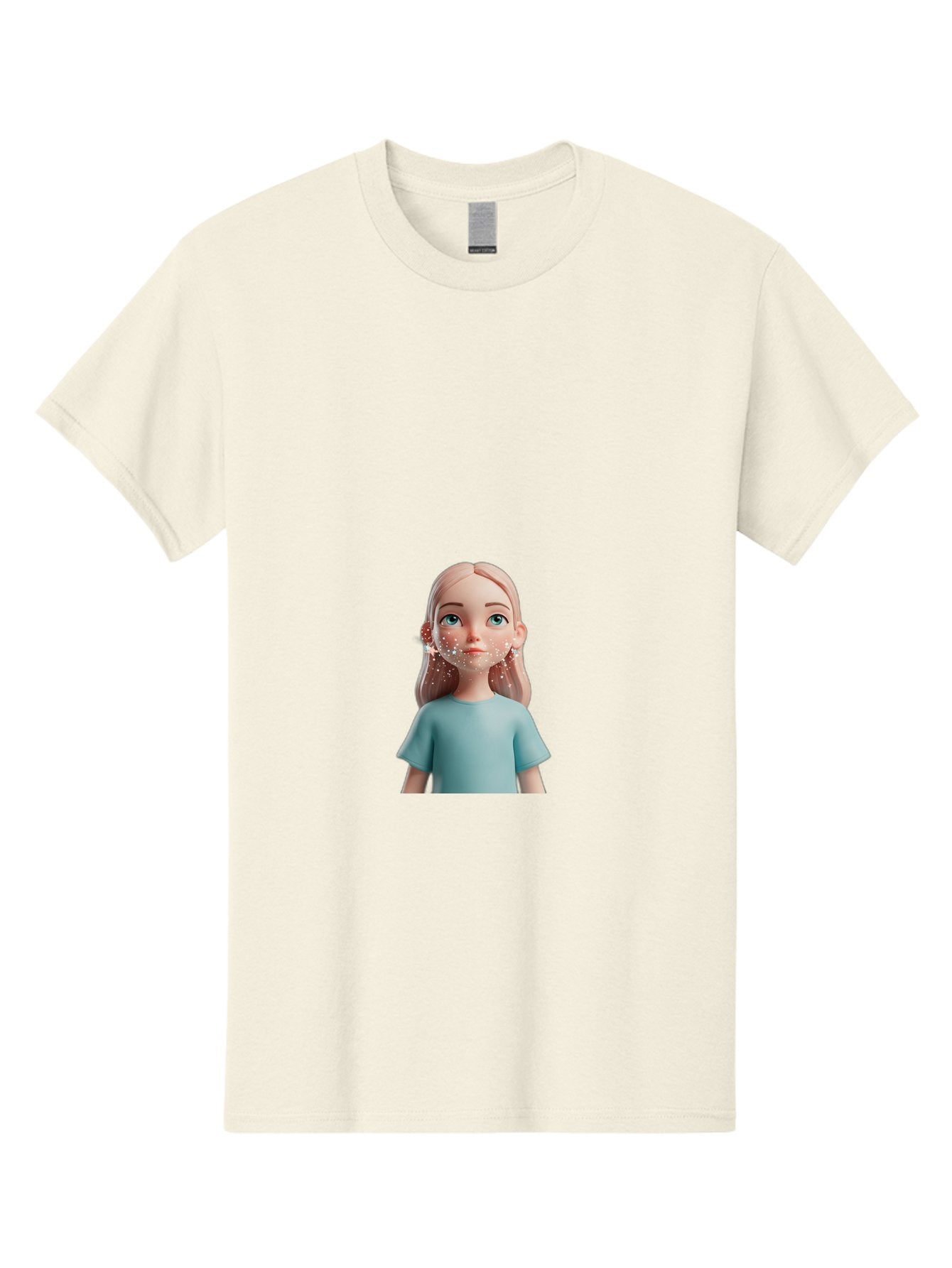 Blonde-Girl Men'S Graphic Tee, 100% Cotton, Comfortable Casual Summer Wear, Machine Washable, Cartoon Girl, 3D Character, Blue Eyes, Pink Hair, Light Blue Shirt, Freckles, Cute Expression, Pink Cheeks, Digital Art, Virtual Avatar Bac636 4