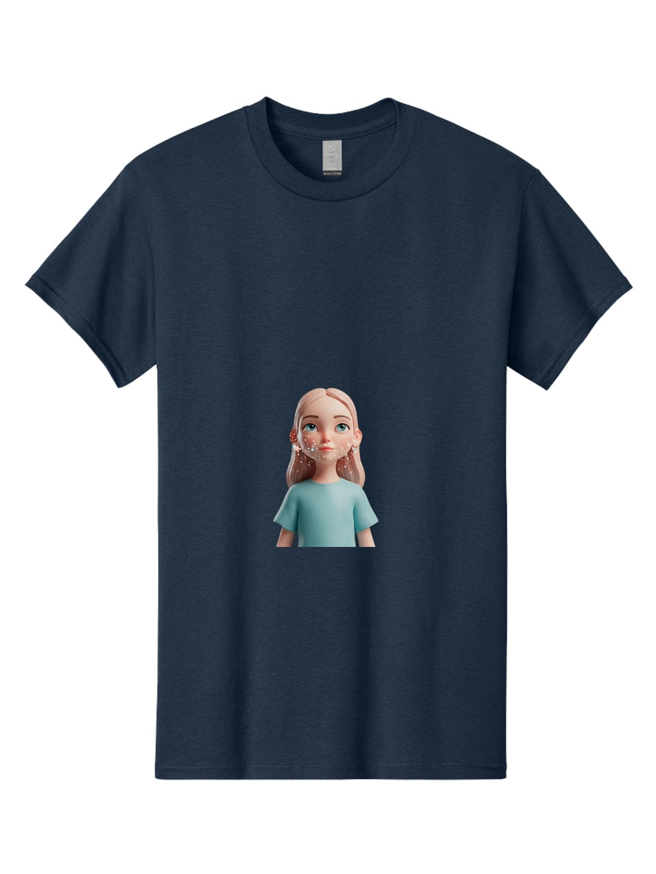 Blonde-Girl Men'S Graphic Tee, 100% Cotton, Comfortable Casual Summer Wear, Machine Washable, Cartoon Girl, 3D Character, Blue Eyes, Pink Hair, Light Blue Shirt, Freckles, Cute Expression, Pink Cheeks, Digital Art, Virtual Avatar Bac636 10