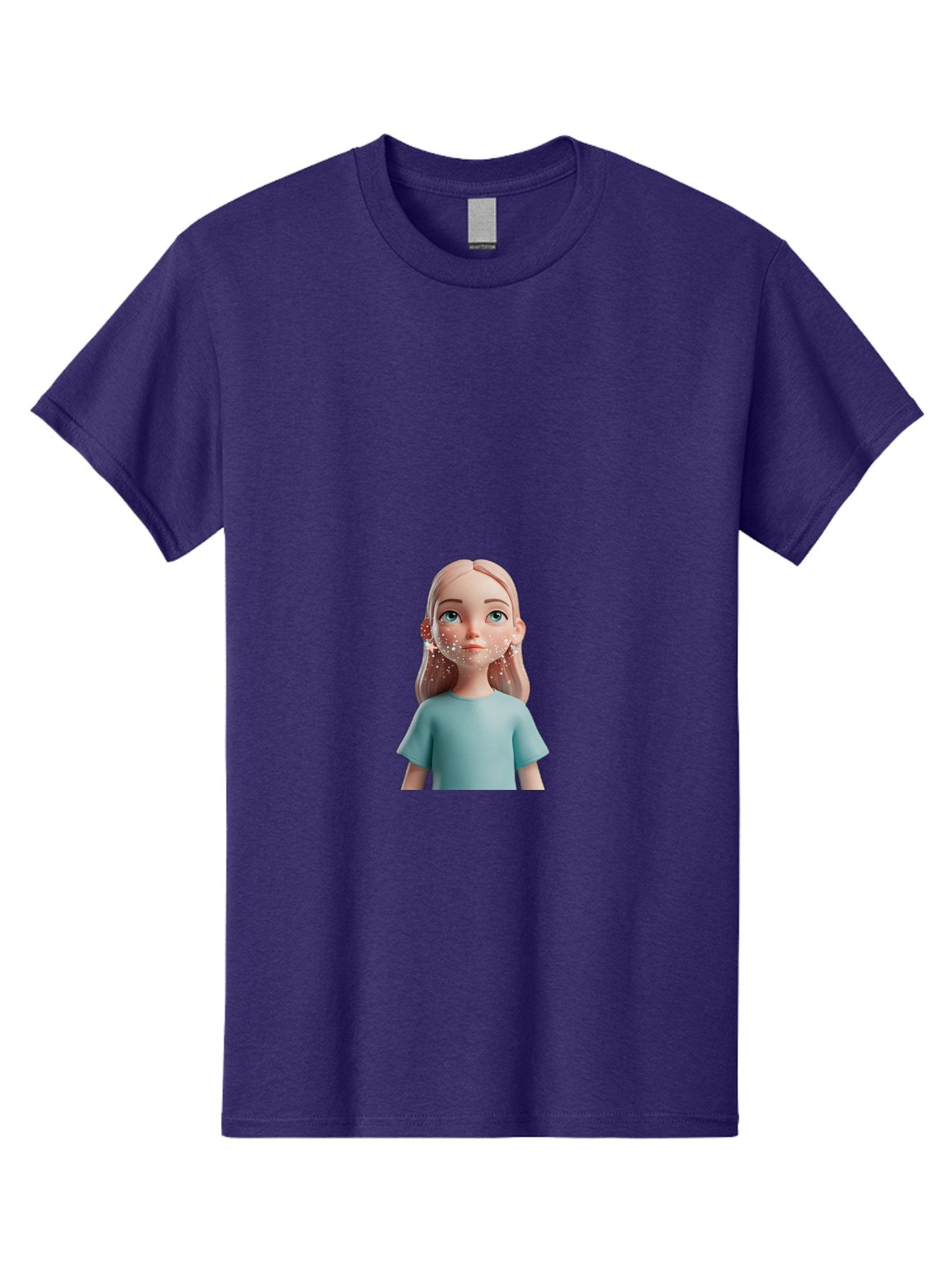 Blonde-Girl Men'S Graphic Tee, 100% Cotton, Comfortable Casual Summer Wear, Machine Washable, Cartoon Girl, 3D Character, Blue Eyes, Pink Hair, Light Blue Shirt, Freckles, Cute Expression, Pink Cheeks, Digital Art, Virtual Avatar Bac636