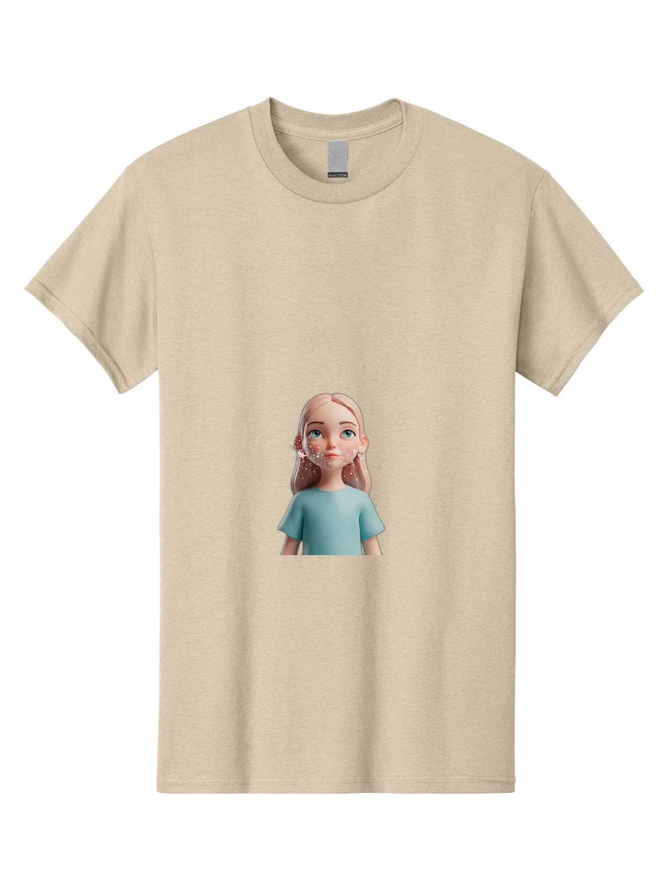 Blonde-Girl Men'S Graphic Tee, 100% Cotton, Comfortable Casual Summer Wear, Machine Washable, Cartoon Girl, 3D Character, Blue Eyes, Pink Hair, Light Blue Shirt, Freckles, Cute Expression, Pink Cheeks, Digital Art, Virtual Avatar Bac636 13