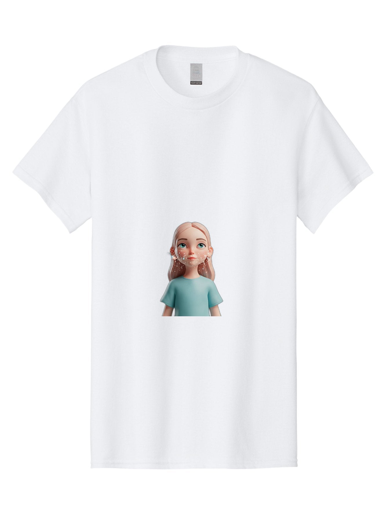 Blonde-Girl Men'S Graphic Tee, 100% Cotton, Comfortable Casual Summer Wear, Machine Washable, Cartoon Girl, 3D Character, Blue Eyes, Pink Hair, Light Blue Shirt, Freckles, Cute Expression, Pink Cheeks, Digital Art, Virtual Avatar Bac636