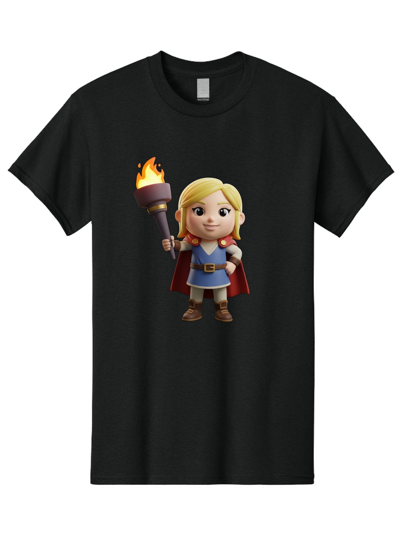 Blonde-Hero Men'S Graphic Tee, 100% Cotton, Comfortable Casual Summer Wear, Machine Washable, Cartoon Hero, Blonde Hair, Red Cape, Blue Dress, Torch In Hand, Heroic Pose, Youthful Energy, Chibi Style, Fantasy Character, Heroic Attire, Flame, Bac637 11
