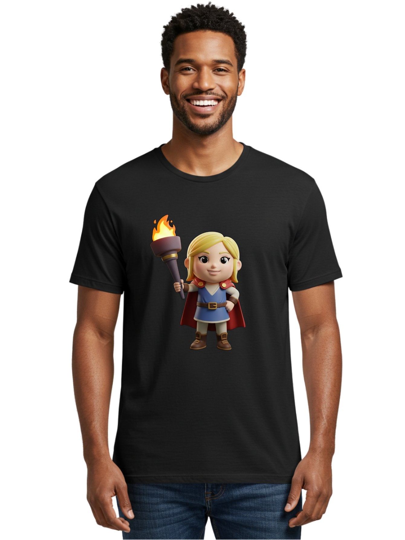 Blonde-Hero Men'S Graphic Tee, 100% Cotton, Comfortable Casual Summer Wear, Machine Washable, Cartoon Hero, Blonde Hair, Red Cape, Blue Dress, Torch In Hand, Heroic Pose, Youthful Energy, Chibi Style, Fantasy Character, Heroic Attire, Flame, Bac637 27