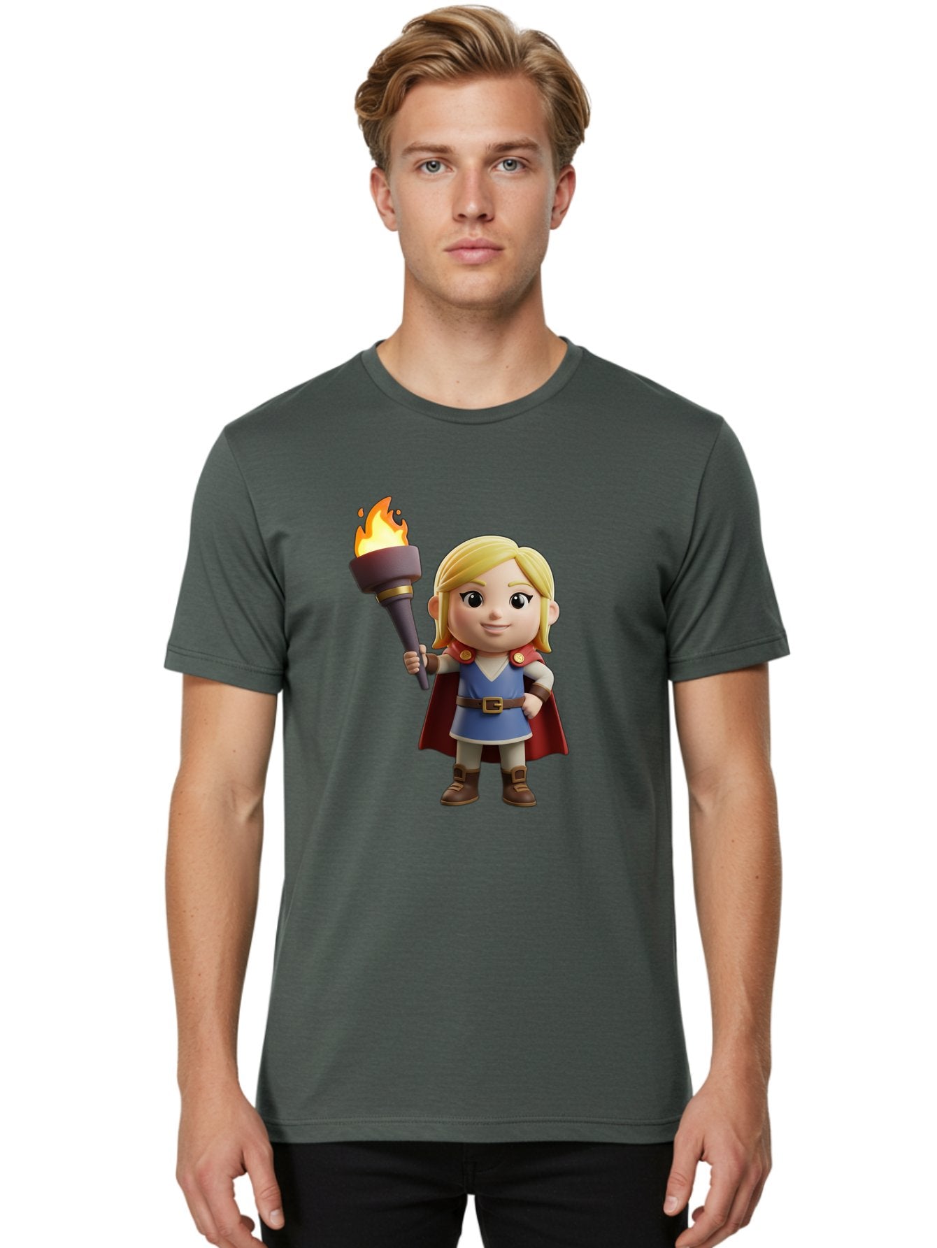 Blonde-Hero Men'S Graphic Tee, 100% Cotton, Comfortable Casual Summer Wear, Machine Washable, Cartoon Hero, Blonde Hair, Red Cape, Blue Dress, Torch In Hand, Heroic Pose, Youthful Energy, Chibi Style, Fantasy Character, Heroic Attire, Flame, Bac637 24
