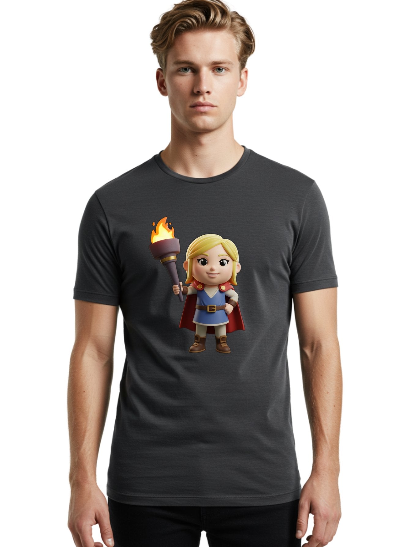 Blonde-Hero Men'S Graphic Tee, 100% Cotton, Comfortable Casual Summer Wear, Machine Washable, Cartoon Hero, Blonde Hair, Red Cape, Blue Dress, Torch In Hand, Heroic Pose, Youthful Energy, Chibi Style, Fantasy Character, Heroic Attire, Flame, Bac637 26