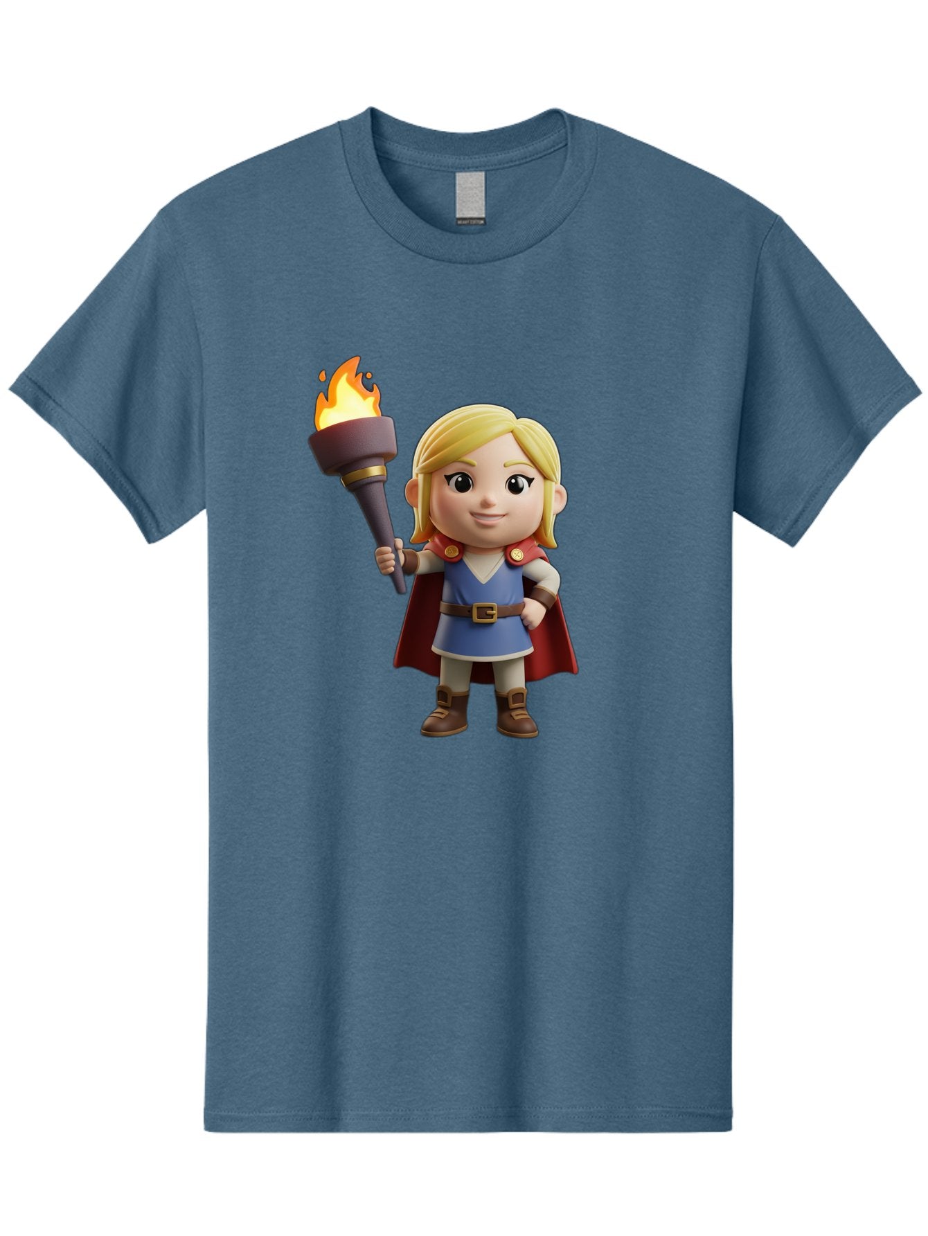 Blonde-Hero Men'S Graphic Tee, 100% Cotton, Comfortable Casual Summer Wear, Machine Washable, Cartoon Hero, Blonde Hair, Red Cape, Blue Dress, Torch In Hand, Heroic Pose, Youthful Energy, Chibi Style, Fantasy Character, Heroic Attire, Flame, Bac637 7