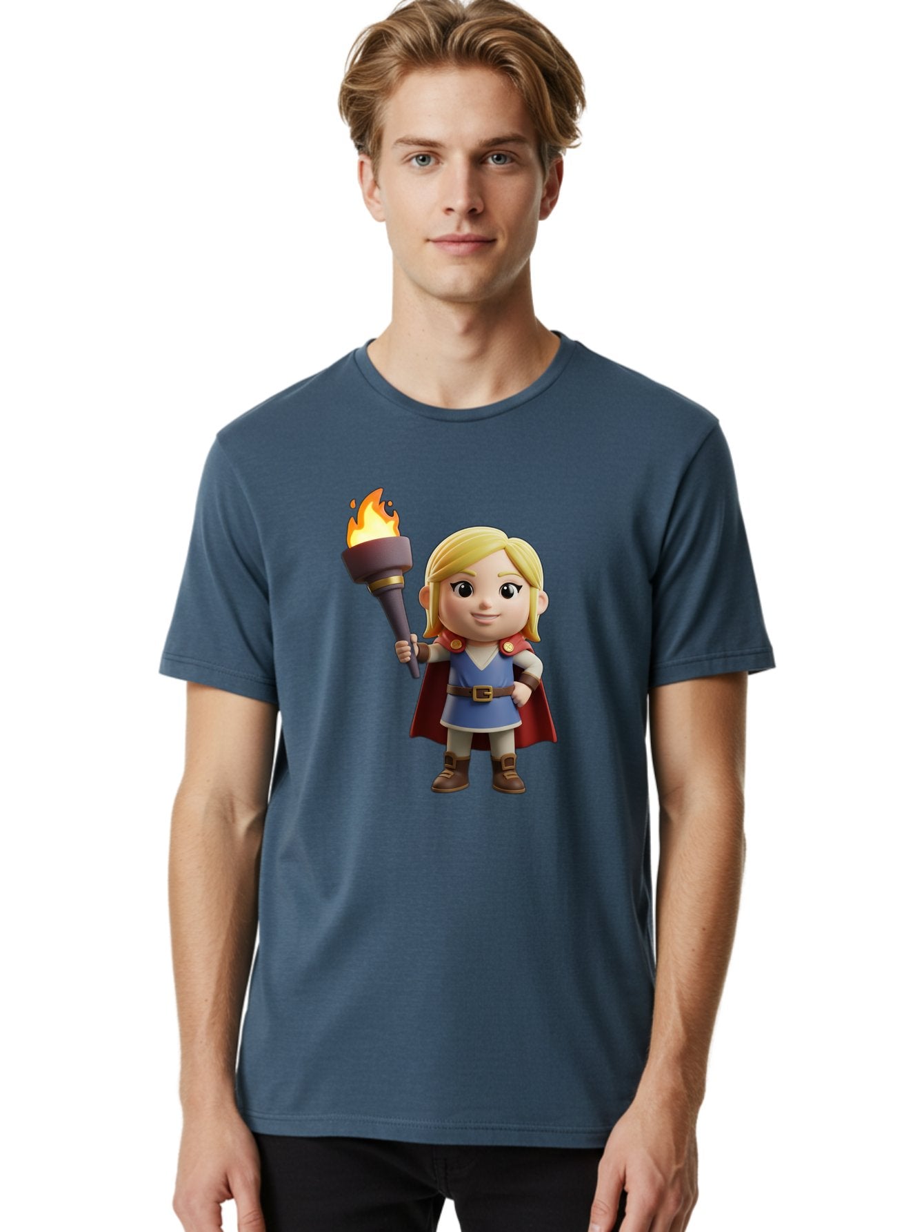 Blonde-Hero Men'S Graphic Tee, 100% Cotton, Comfortable Casual Summer Wear, Machine Washable, Cartoon Hero, Blonde Hair, Red Cape, Blue Dress, Torch In Hand, Heroic Pose, Youthful Energy, Chibi Style, Fantasy Character, Heroic Attire, Flame, Bac637 16