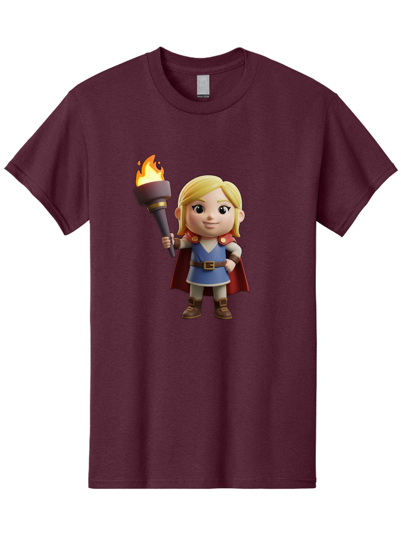 Blonde-Hero Men'S Graphic Tee, 100% Cotton, Comfortable Casual Summer Wear, Machine Washable, Cartoon Hero, Blonde Hair, Red Cape, Blue Dress, Torch In Hand, Heroic Pose, Youthful Energy, Chibi Style, Fantasy Character, Heroic Attire, Flame, Bac637