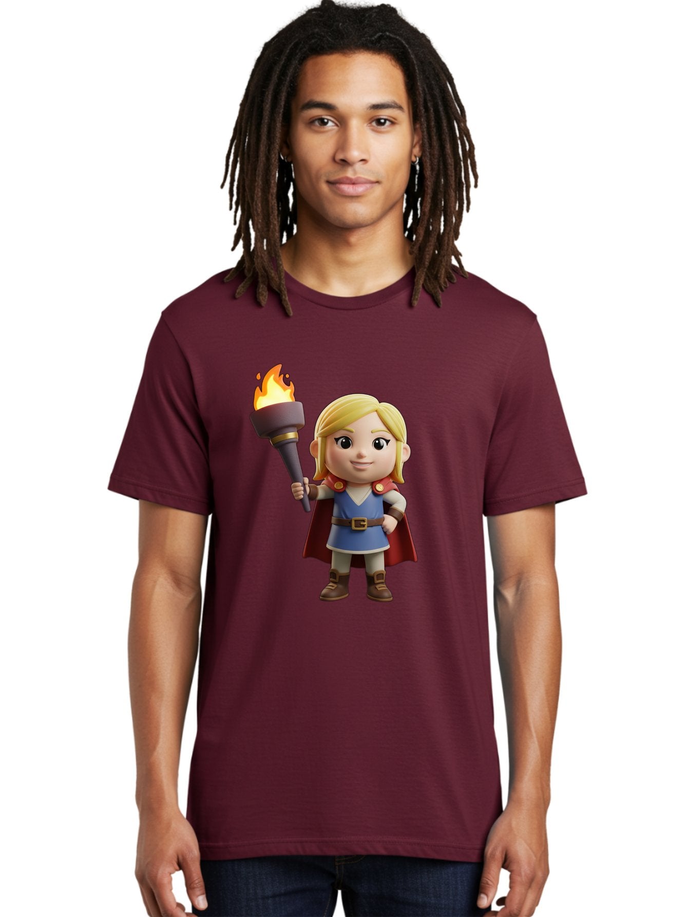 Blonde-Hero Men'S Graphic Tee, 100% Cotton, Comfortable Casual Summer Wear, Machine Washable, Cartoon Hero, Blonde Hair, Red Cape, Blue Dress, Torch In Hand, Heroic Pose, Youthful Energy, Chibi Style, Fantasy Character, Heroic Attire, Flame, Bac637 21
