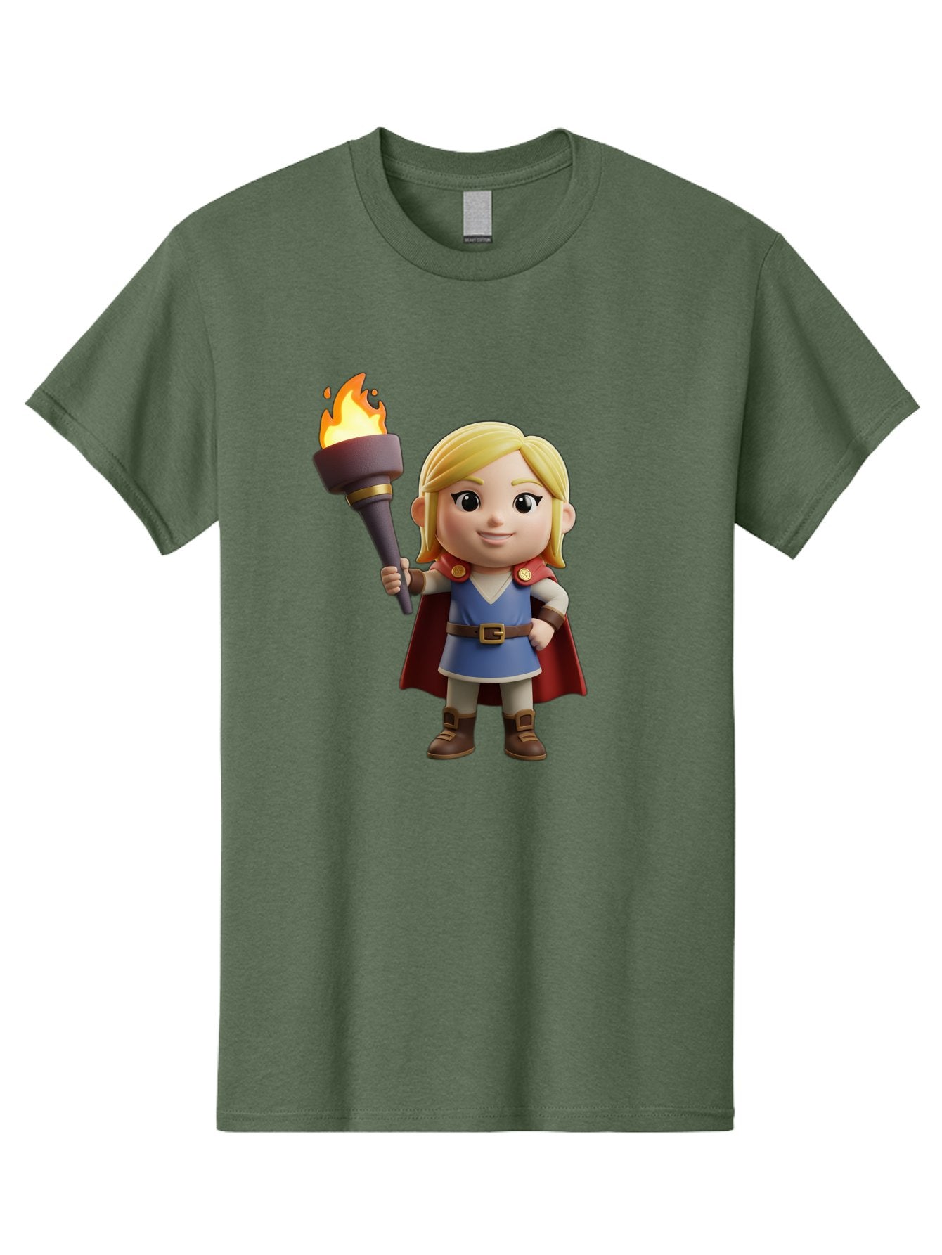 Blonde-Hero Men'S Graphic Tee, 100% Cotton, Comfortable Casual Summer Wear, Machine Washable, Cartoon Hero, Blonde Hair, Red Cape, Blue Dress, Torch In Hand, Heroic Pose, Youthful Energy, Chibi Style, Fantasy Character, Heroic Attire, Flame, Bac637 8