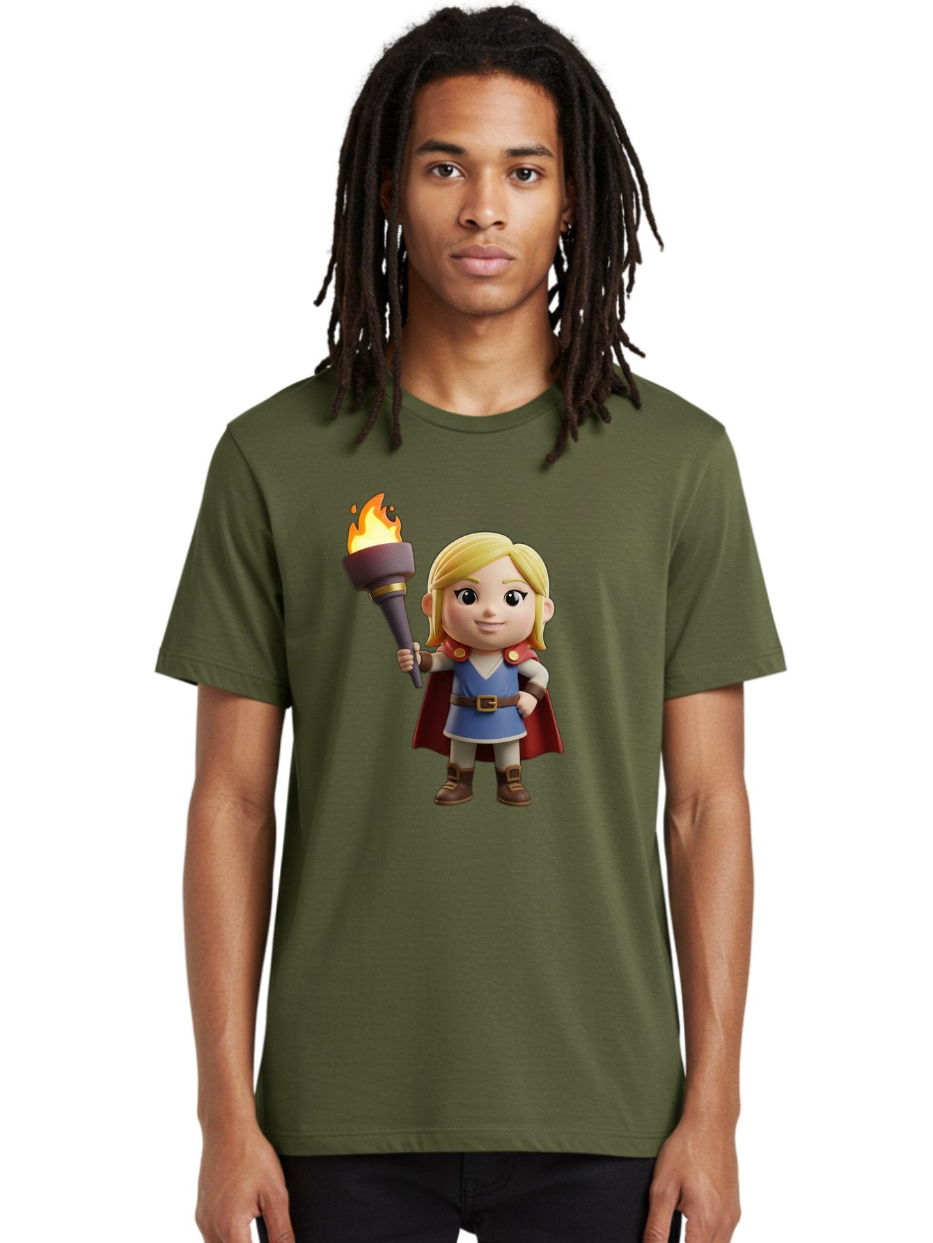 Blonde-Hero Men'S Graphic Tee, 100% Cotton, Comfortable Casual Summer Wear, Machine Washable, Cartoon Hero, Blonde Hair, Red Cape, Blue Dress, Torch In Hand, Heroic Pose, Youthful Energy, Chibi Style, Fantasy Character, Heroic Attire, Flame, Bac637 25