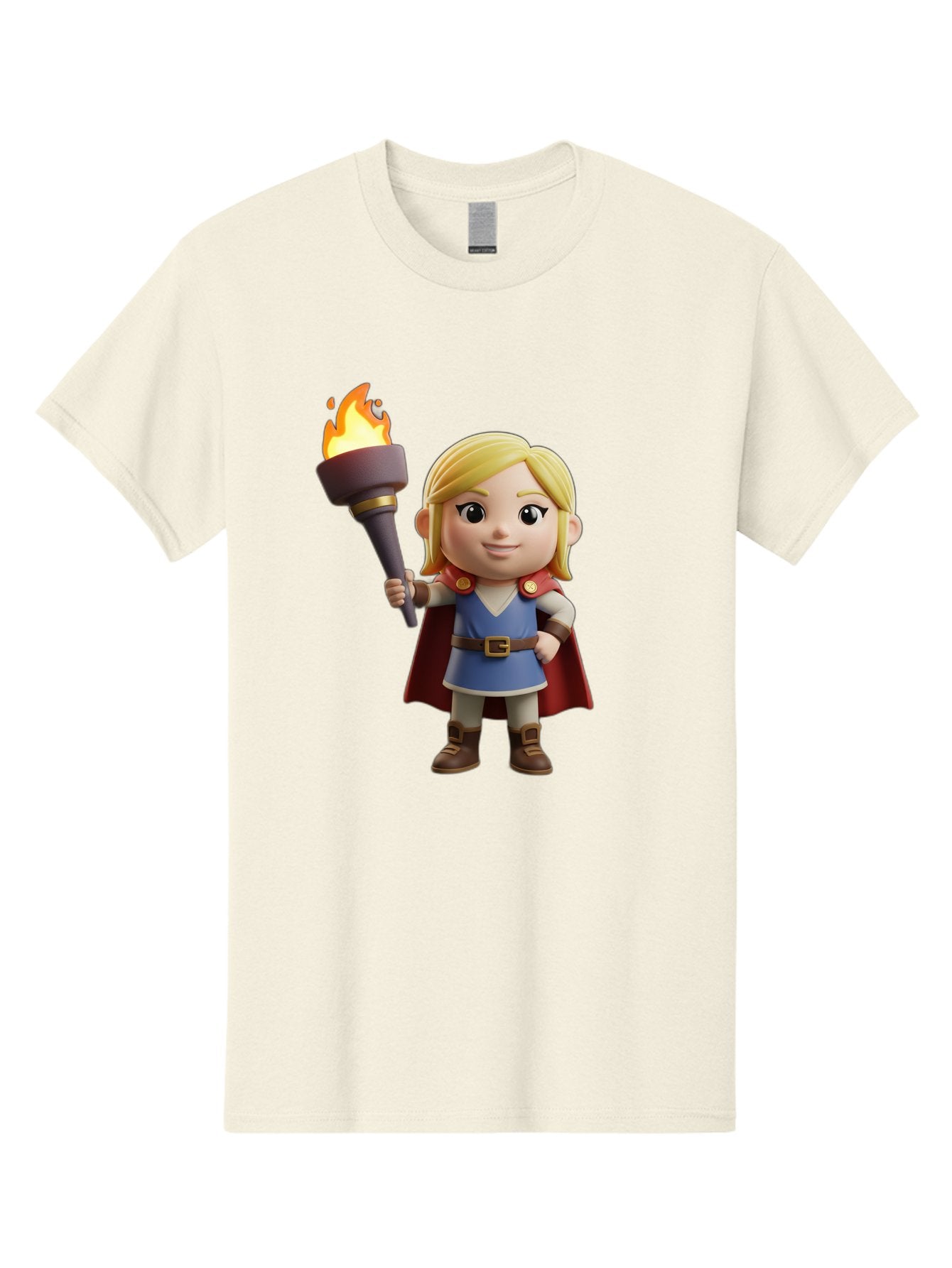 Blonde-Hero Men'S Graphic Tee, 100% Cotton, Comfortable Casual Summer Wear, Machine Washable, Cartoon Hero, Blonde Hair, Red Cape, Blue Dress, Torch In Hand, Heroic Pose, Youthful Energy, Chibi Style, Fantasy Character, Heroic Attire, Flame, Bac637 4