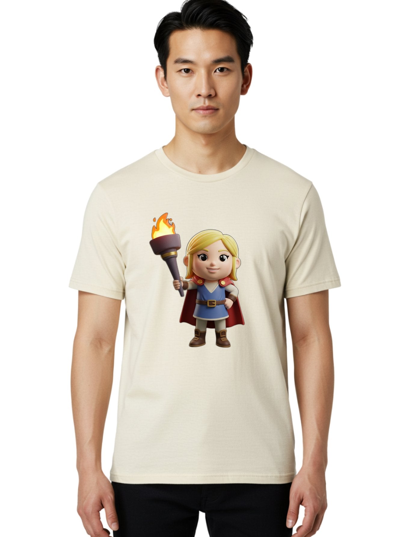 Blonde-Hero Men'S Graphic Tee, 100% Cotton, Comfortable Casual Summer Wear, Machine Washable, Cartoon Hero, Blonde Hair, Red Cape, Blue Dress, Torch In Hand, Heroic Pose, Youthful Energy, Chibi Style, Fantasy Character, Heroic Attire, Flame, Bac637 18