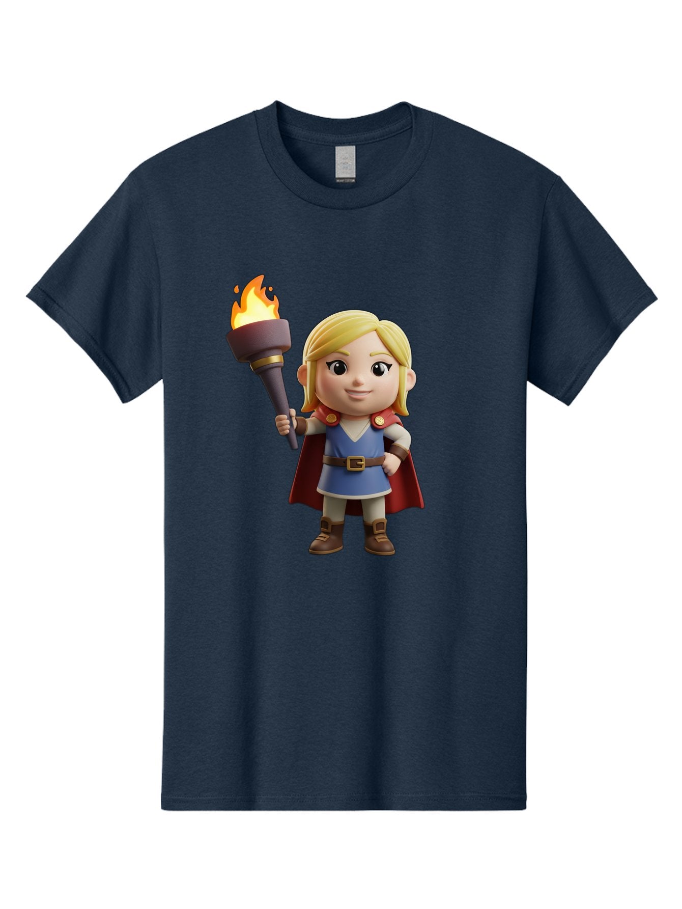 Blonde-Hero Men'S Graphic Tee, 100% Cotton, Comfortable Casual Summer Wear, Machine Washable, Cartoon Hero, Blonde Hair, Red Cape, Blue Dress, Torch In Hand, Heroic Pose, Youthful Energy, Chibi Style, Fantasy Character, Heroic Attire, Flame, Bac637