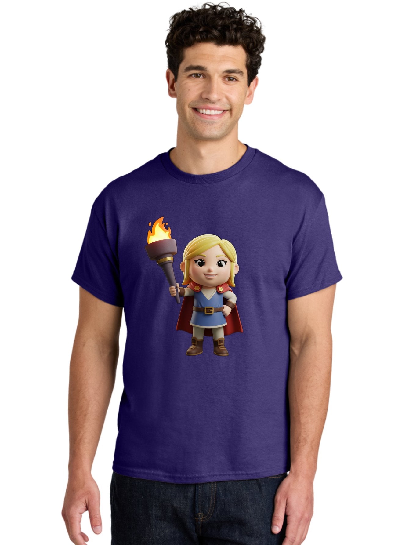 Blonde-Hero Men'S Graphic Tee, 100% Cotton, Comfortable Casual Summer Wear, Machine Washable, Cartoon Hero, Blonde Hair, Red Cape, Blue Dress, Torch In Hand, Heroic Pose, Youthful Energy, Chibi Style, Fantasy Character, Heroic Attire, Flame, Bac637 29