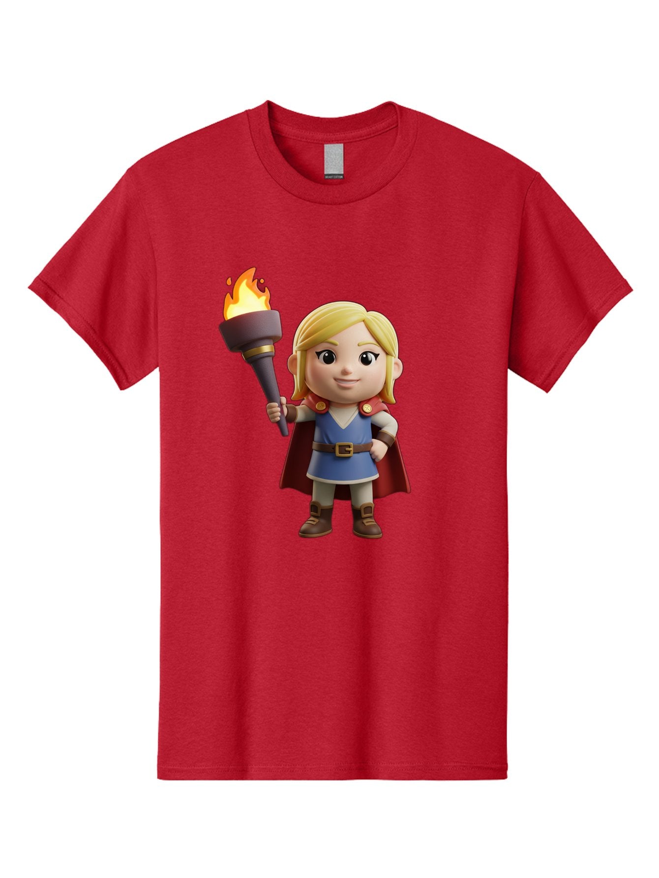Blonde-Hero Men'S Graphic Tee, 100% Cotton, Comfortable Casual Summer Wear, Machine Washable, Cartoon Hero, Blonde Hair, Red Cape, Blue Dress, Torch In Hand, Heroic Pose, Youthful Energy, Chibi Style, Fantasy Character, Heroic Attire, Flame, Bac637 3