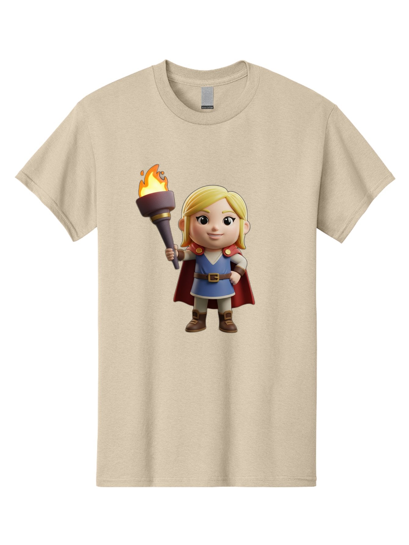Blonde-Hero Men'S Graphic Tee, 100% Cotton, Comfortable Casual Summer Wear, Machine Washable, Cartoon Hero, Blonde Hair, Red Cape, Blue Dress, Torch In Hand, Heroic Pose, Youthful Energy, Chibi Style, Fantasy Character, Heroic Attire, Flame, Bac637 12