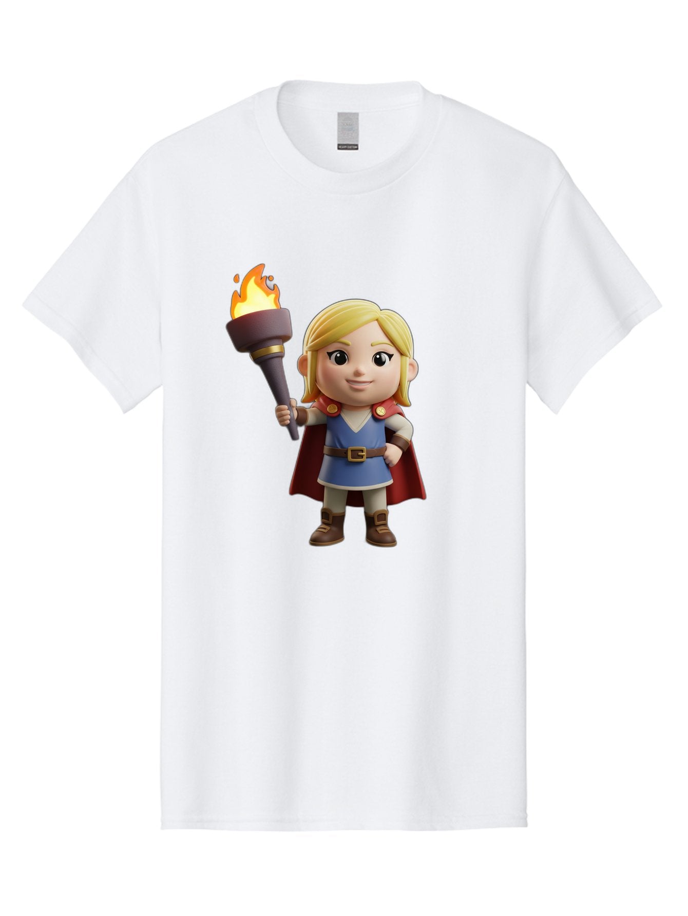 Blonde-Hero Men'S Graphic Tee, 100% Cotton, Comfortable Casual Summer Wear, Machine Washable, Cartoon Hero, Blonde Hair, Red Cape, Blue Dress, Torch In Hand, Heroic Pose, Youthful Energy, Chibi Style, Fantasy Character, Heroic Attire, Flame, Bac637 5
