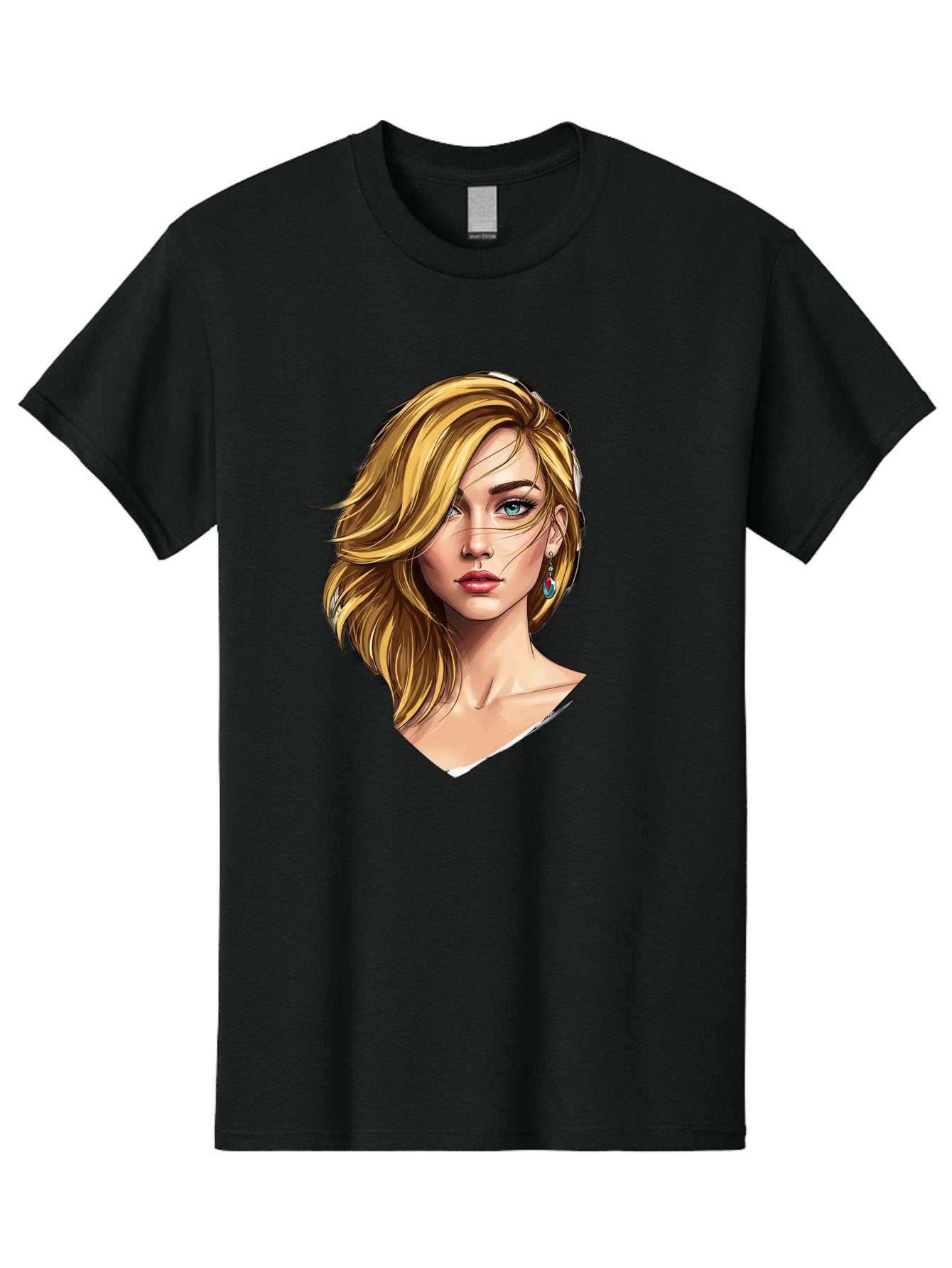 Blonde-Woman-Portrait-1 Men'S Graphic Tee, 100% Cotton, Comfortable Casual Summer Wear, Machine Washable, Blonde Woman, Blue Eyes, Red Lips, Earrings, Portrait Illustration, Digital Art, Fashion Model, Beauty, Glamour, Stylish Hair, Bac638 4