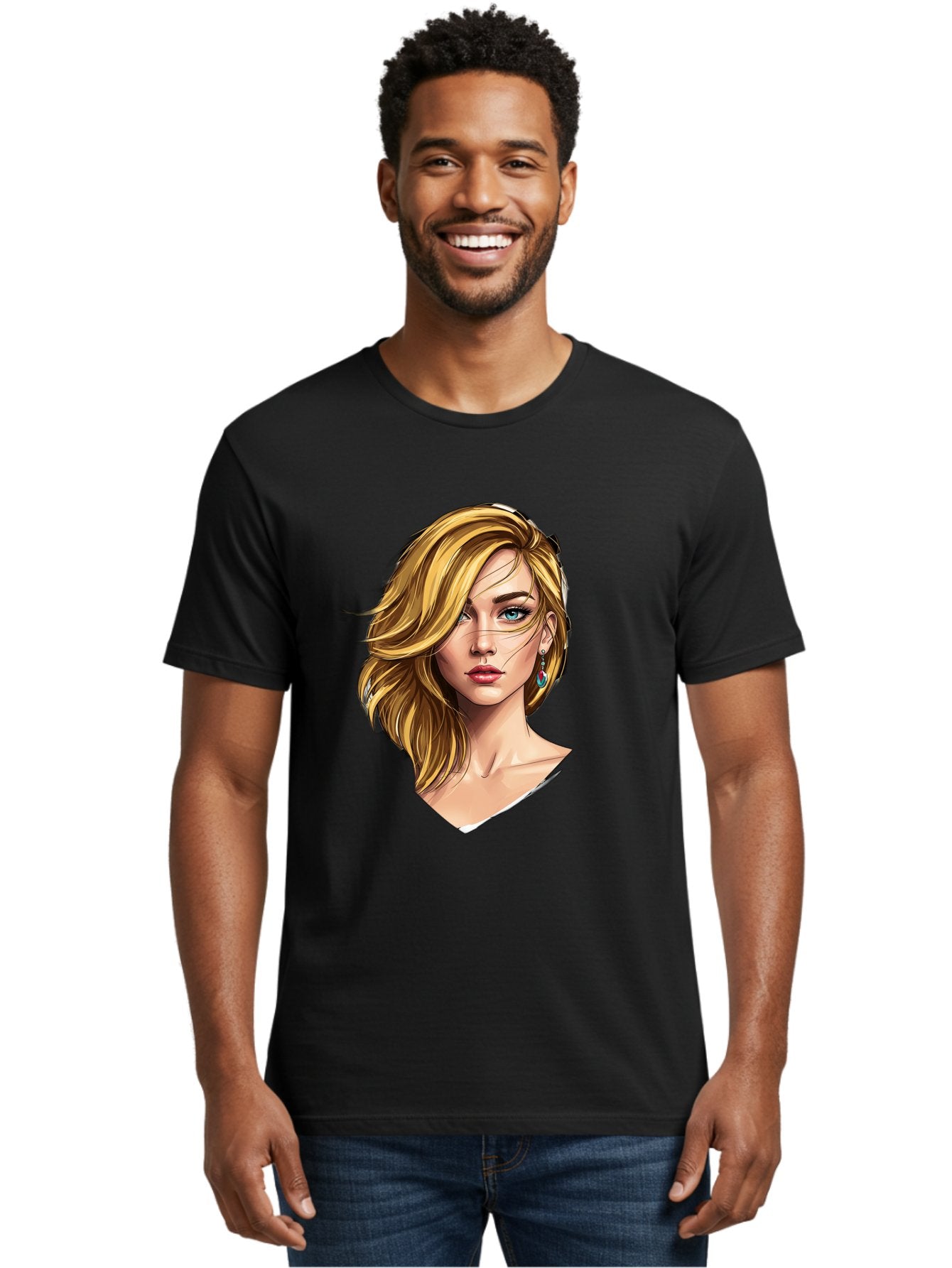 Blonde-Woman-Portrait-1 Men'S Graphic Tee, 100% Cotton, Comfortable Casual Summer Wear, Machine Washable, Blonde Woman, Blue Eyes, Red Lips, Earrings, Portrait Illustration, Digital Art, Fashion Model, Beauty, Glamour, Stylish Hair, Bac638 18