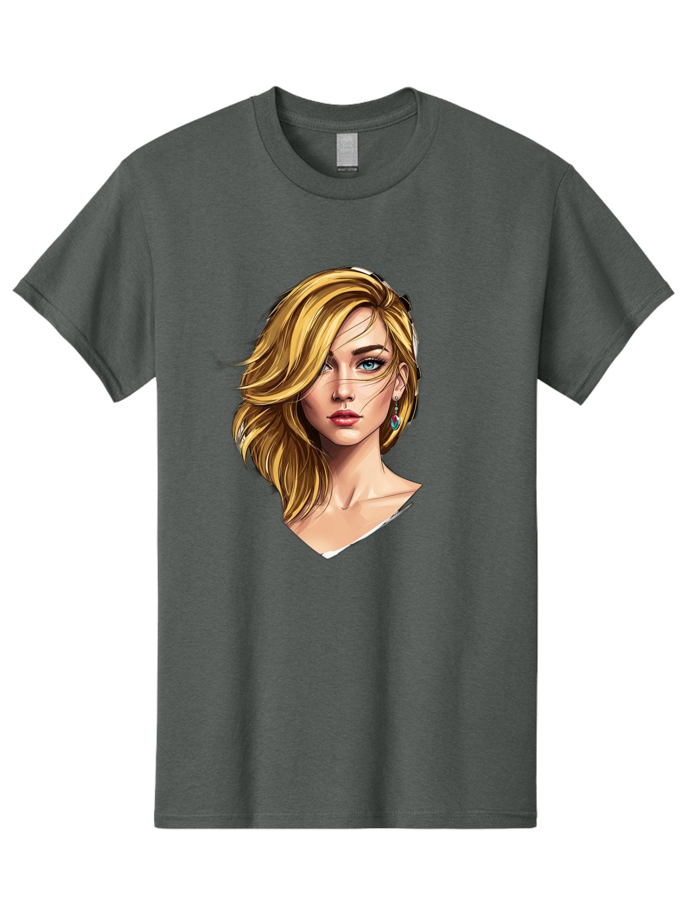 Blonde-Woman-Portrait-1 Men'S Graphic Tee, 100% Cotton, Comfortable Casual Summer Wear, Machine Washable, Blonde Woman, Blue Eyes, Red Lips, Earrings, Portrait Illustration, Digital Art, Fashion Model, Beauty, Glamour, Stylish Hair, Bac638 12