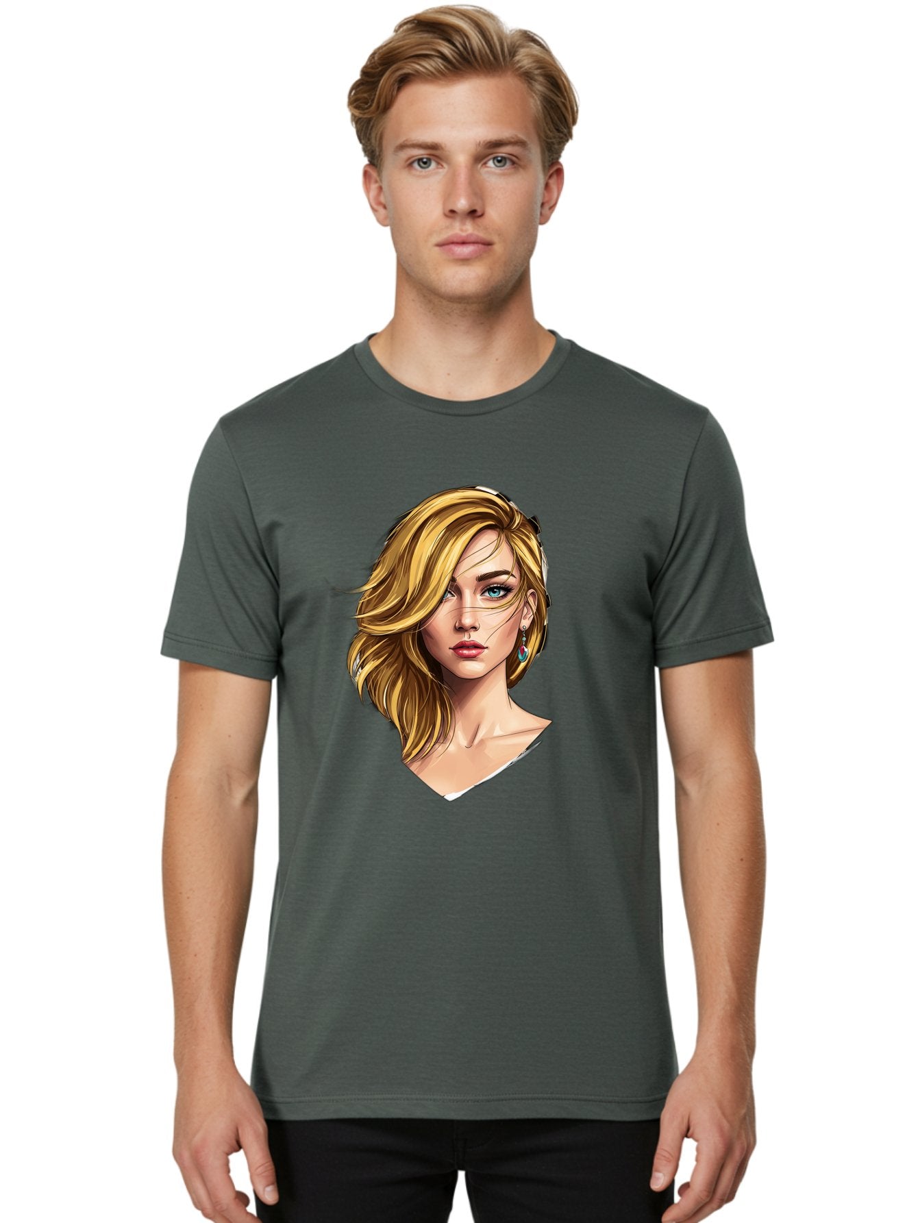 Blonde-Woman-Portrait-1 Men'S Graphic Tee, 100% Cotton, Comfortable Casual Summer Wear, Machine Washable, Blonde Woman, Blue Eyes, Red Lips, Earrings, Portrait Illustration, Digital Art, Fashion Model, Beauty, Glamour, Stylish Hair, Bac638 28