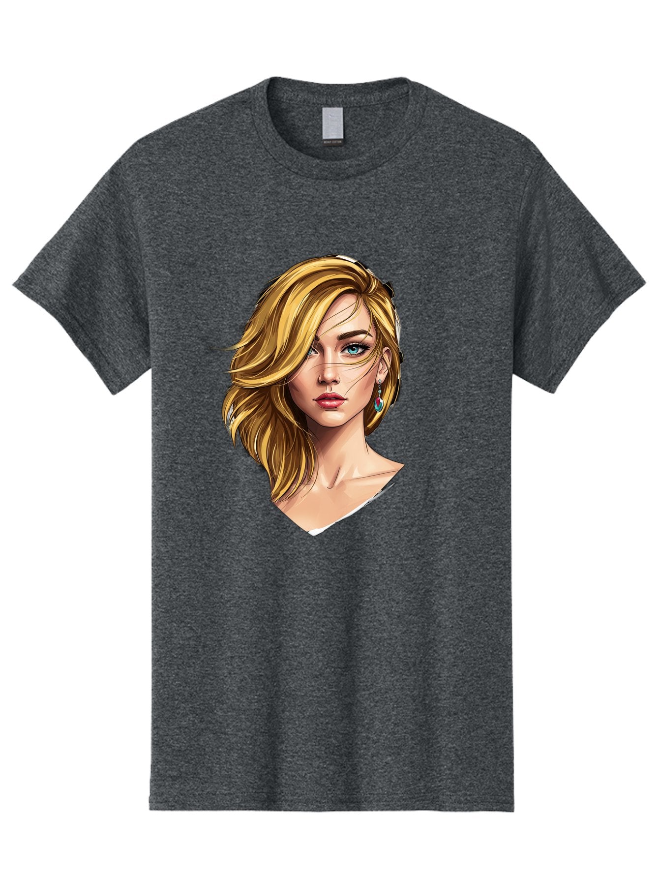 Blonde-Woman-Portrait-1 Men'S Graphic Tee, 100% Cotton, Comfortable Casual Summer Wear, Machine Washable, Blonde Woman, Blue Eyes, Red Lips, Earrings, Portrait Illustration, Digital Art, Fashion Model, Beauty, Glamour, Stylish Hair, Bac638 3