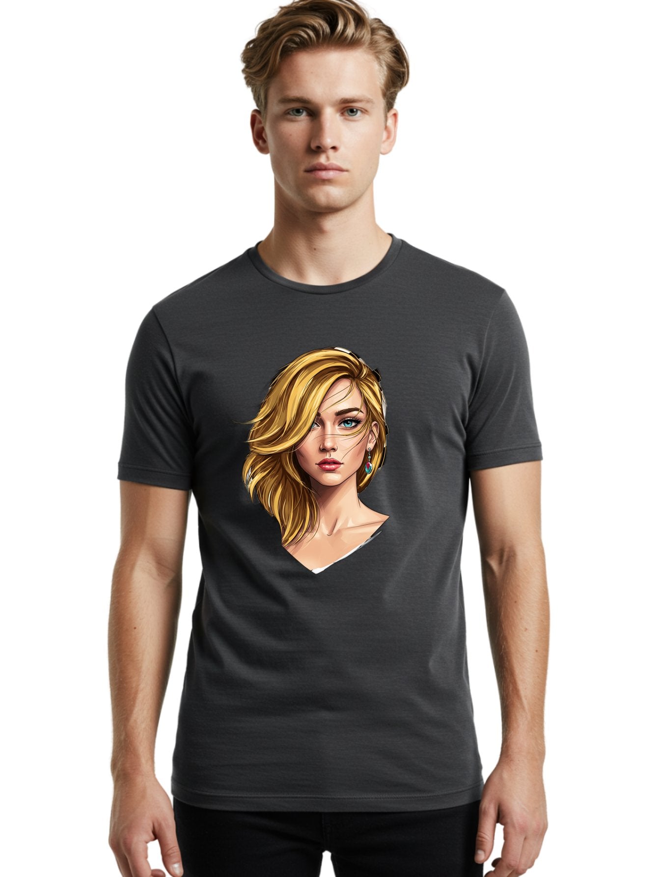 Blonde-Woman-Portrait-1 Men'S Graphic Tee, 100% Cotton, Comfortable Casual Summer Wear, Machine Washable, Blonde Woman, Blue Eyes, Red Lips, Earrings, Portrait Illustration, Digital Art, Fashion Model, Beauty, Glamour, Stylish Hair, Bac638 22