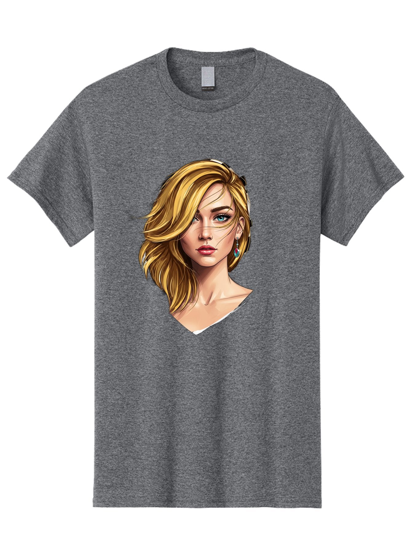 Blonde-Woman-Portrait-1 Men'S Graphic Tee, 100% Cotton, Comfortable Casual Summer Wear, Machine Washable, Blonde Woman, Blue Eyes, Red Lips, Earrings, Portrait Illustration, Digital Art, Fashion Model, Beauty, Glamour, Stylish Hair, Bac638 13